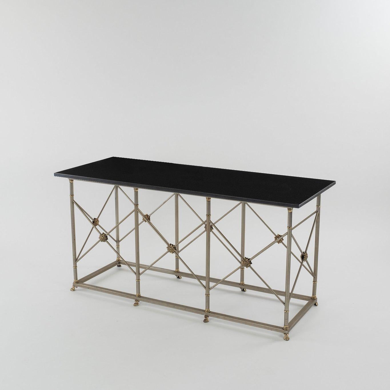 Neoclassical Style Steel Brass Granite Console Tables In Good Condition For Sale In Houston, TX