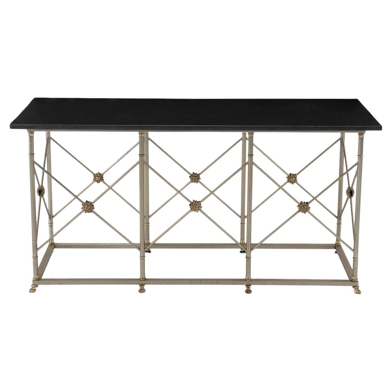 Neoclassical Style Steel Brass Granite Console Tables For Sale