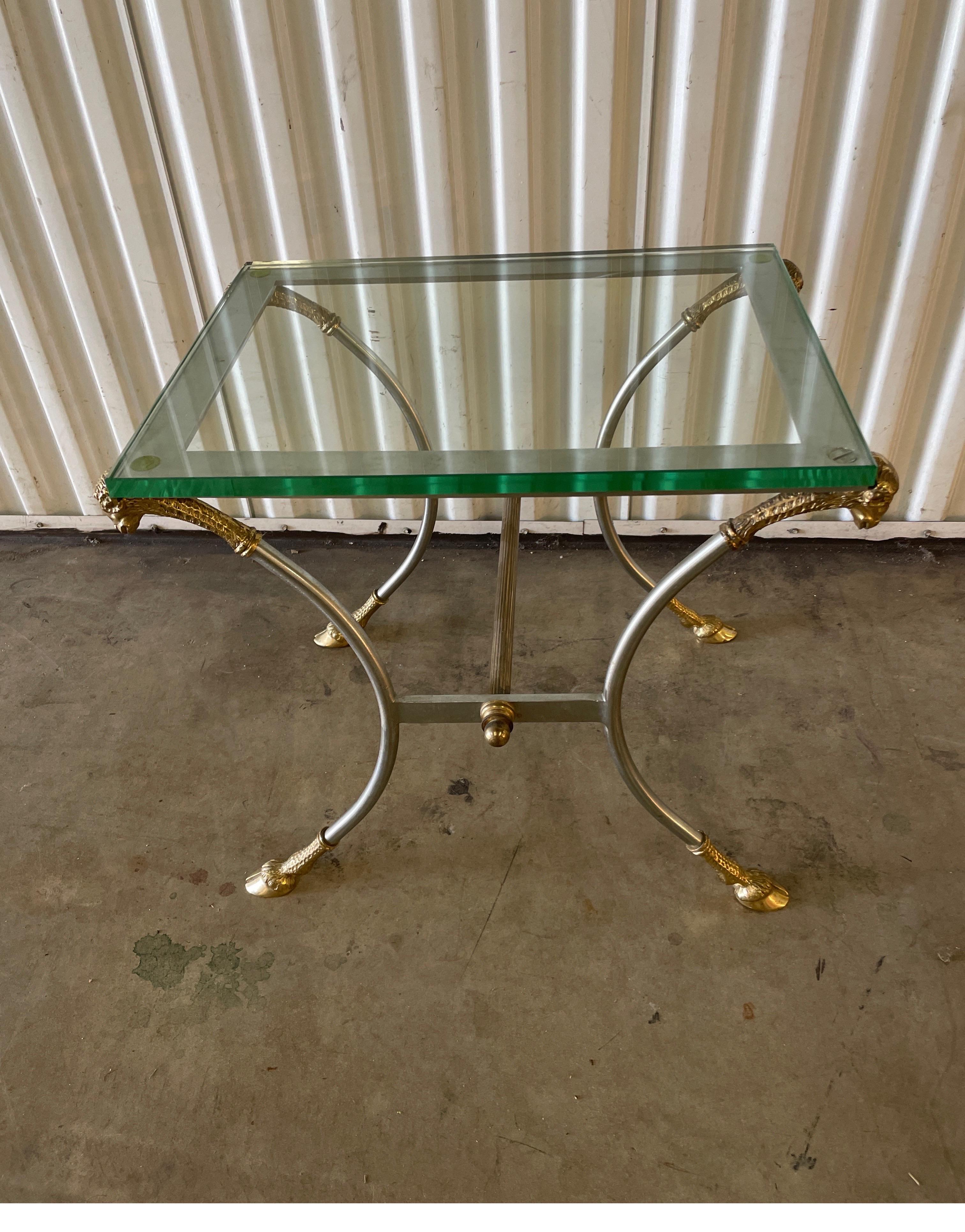 Neoclassical Style Steel & Brass Side Table by Jansen For Sale 1