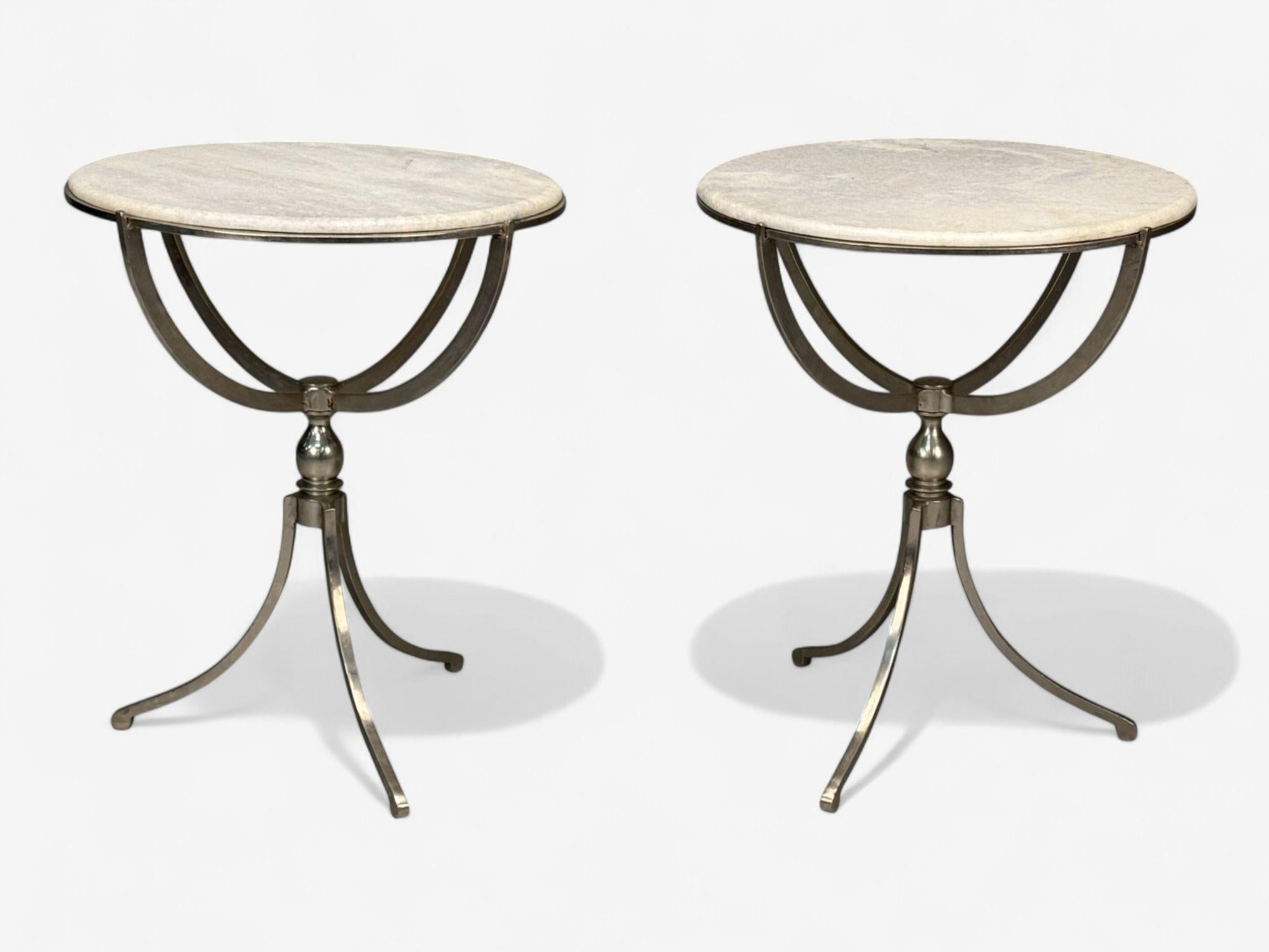 French Mid-Century Modern, Steel, Marble, End Tables, USA, 20th c.

A pair of French bistro or side tables having chromed steel neoclassical style bases and round marble tops.

Chromed Steel, Marble; USA, 1990s

Height: 29.5 inches , Width: 25