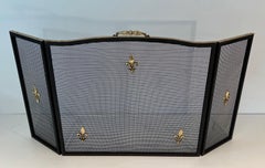 Neoclassical Style Stele, Brass and Grilling Fireplace Screen with Lily Flowers