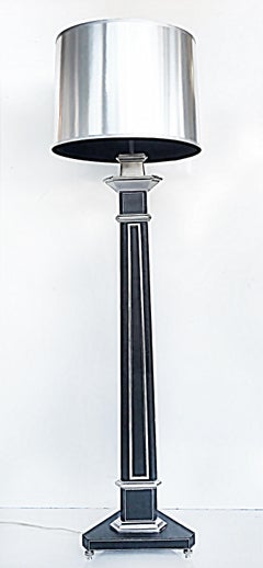 Neoclassical Style Stitched Leather Floor Lamp, Nickel-Plated Steel Footed Base