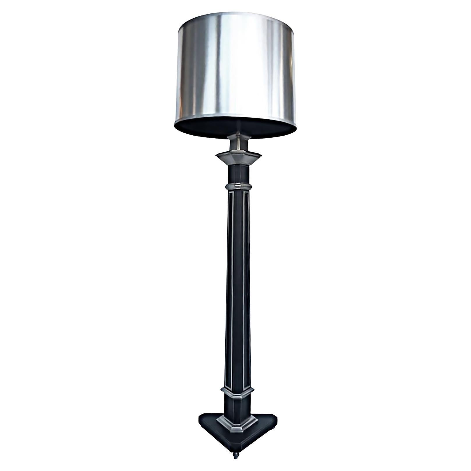 Neoclassical Style Stitched Leather Floor Lamp, Nickel-Plated Steel Footed Base For Sale