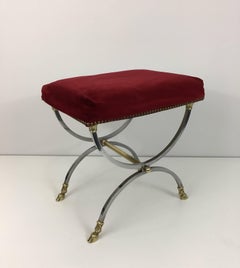 Neoclassical Style Stool in Brushed Steel and Bronze and Brass by Maison Jansen