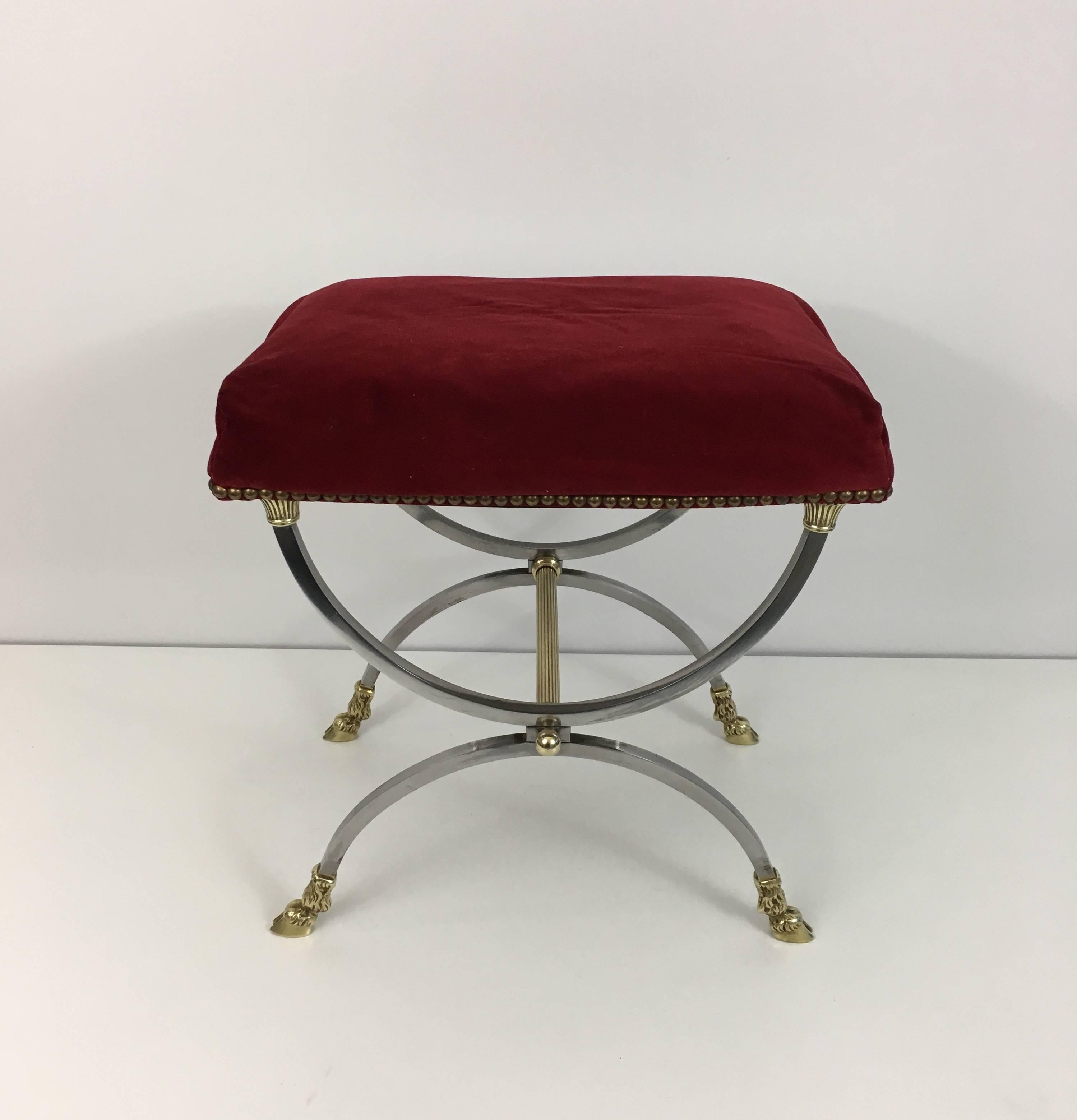 French Neoclassical Style Stool in Brushed Steel and Bronze and Brass by Maison Jansen