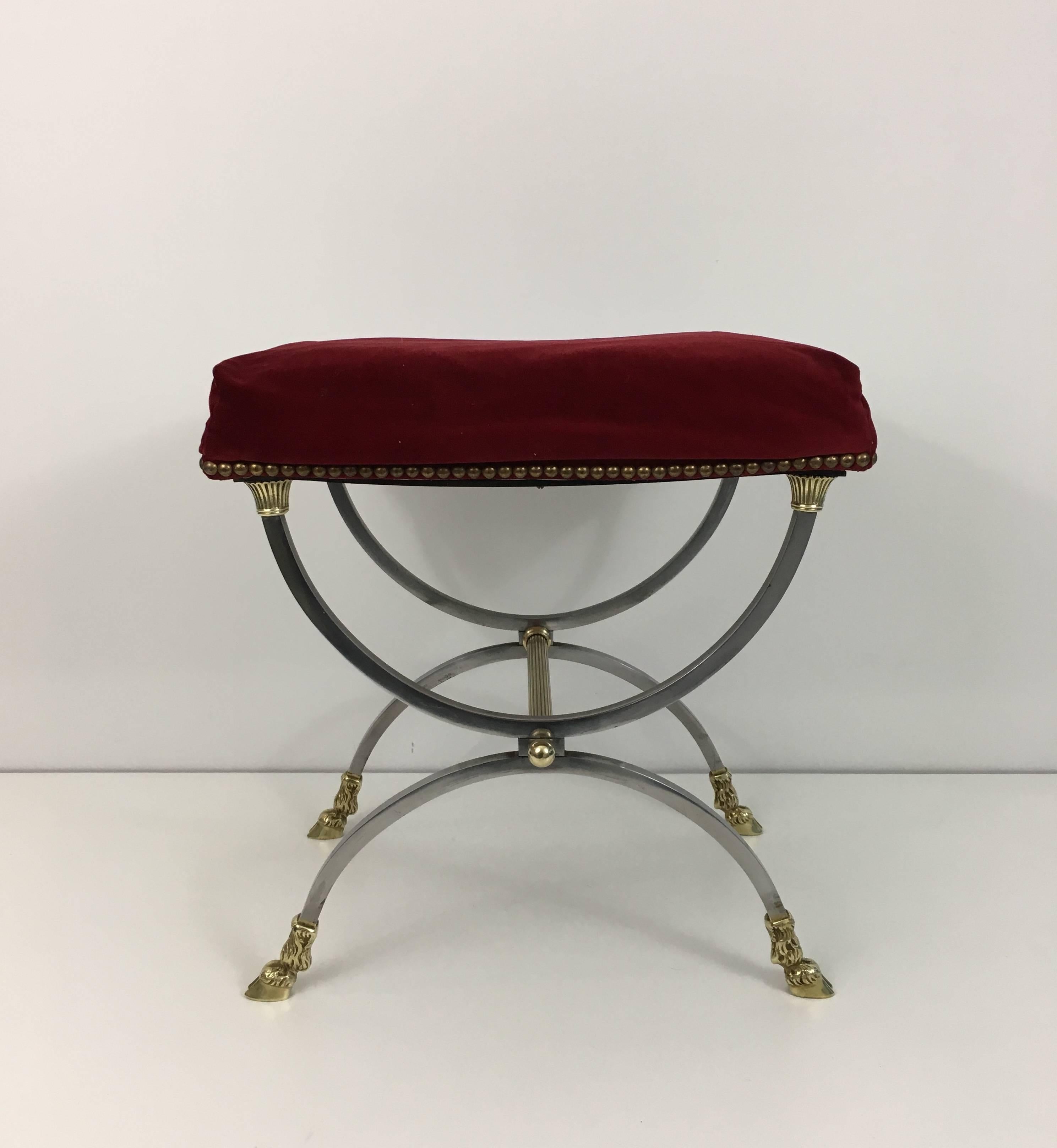 Neoclassical Style Stool in Brushed Steel and Bronze and Brass by Maison Jansen In Good Condition In Buchanan, NY