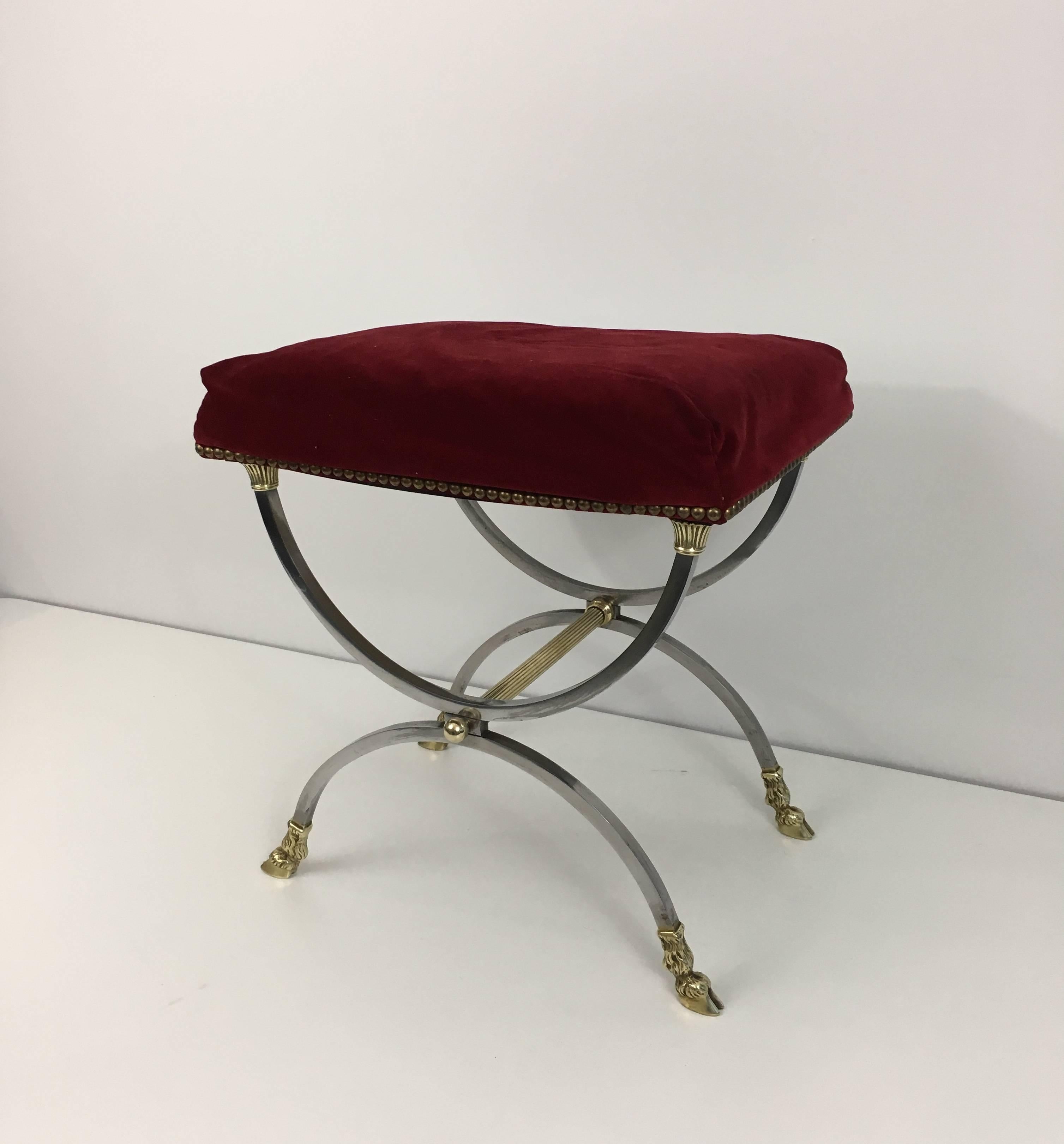 Mid-20th Century Neoclassical Style Stool in Brushed Steel and Bronze and Brass by Maison Jansen