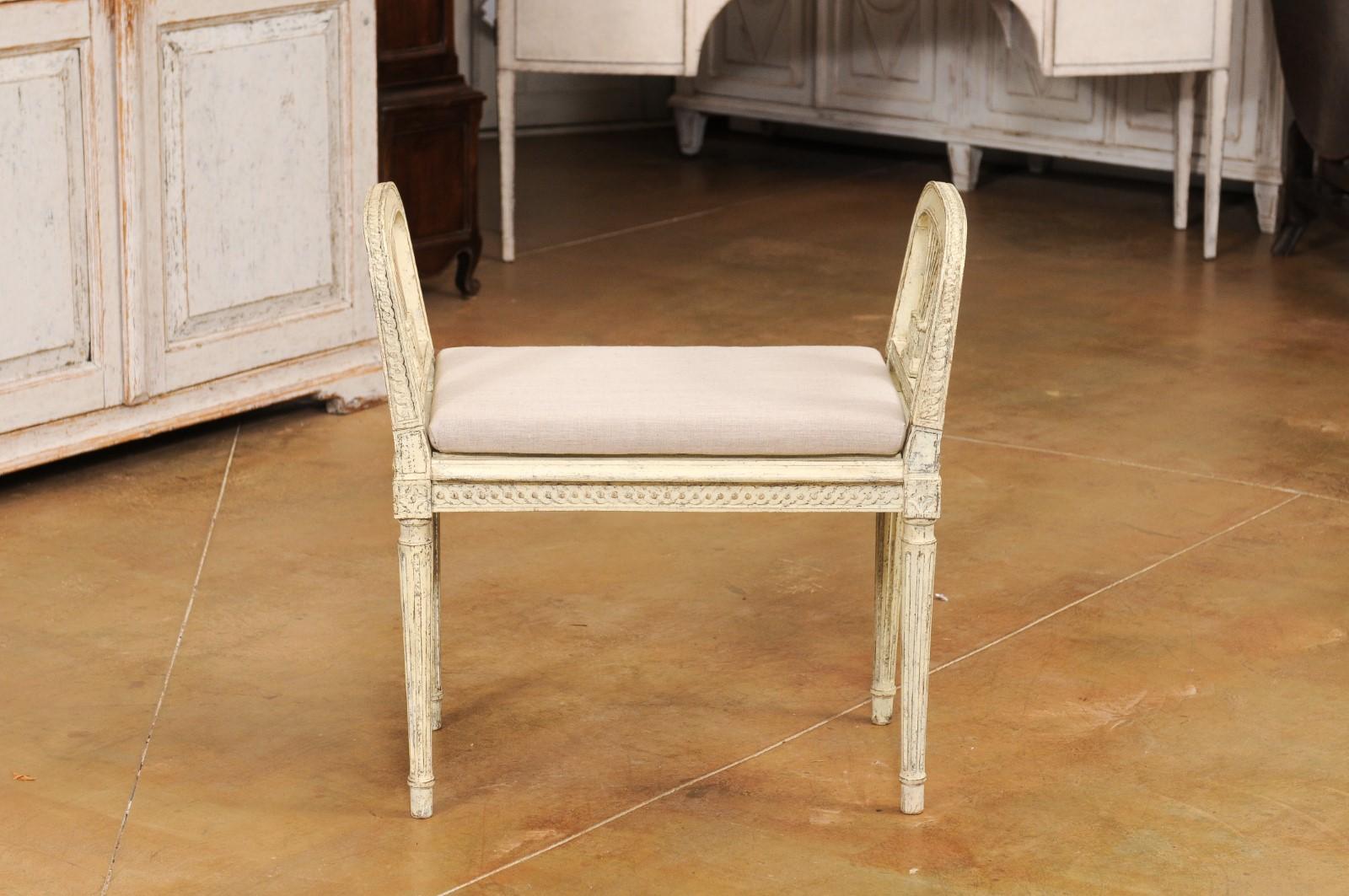Neoclassical Style Swedish Small Painted Bench with Carved Guilloche Décor For Sale 5