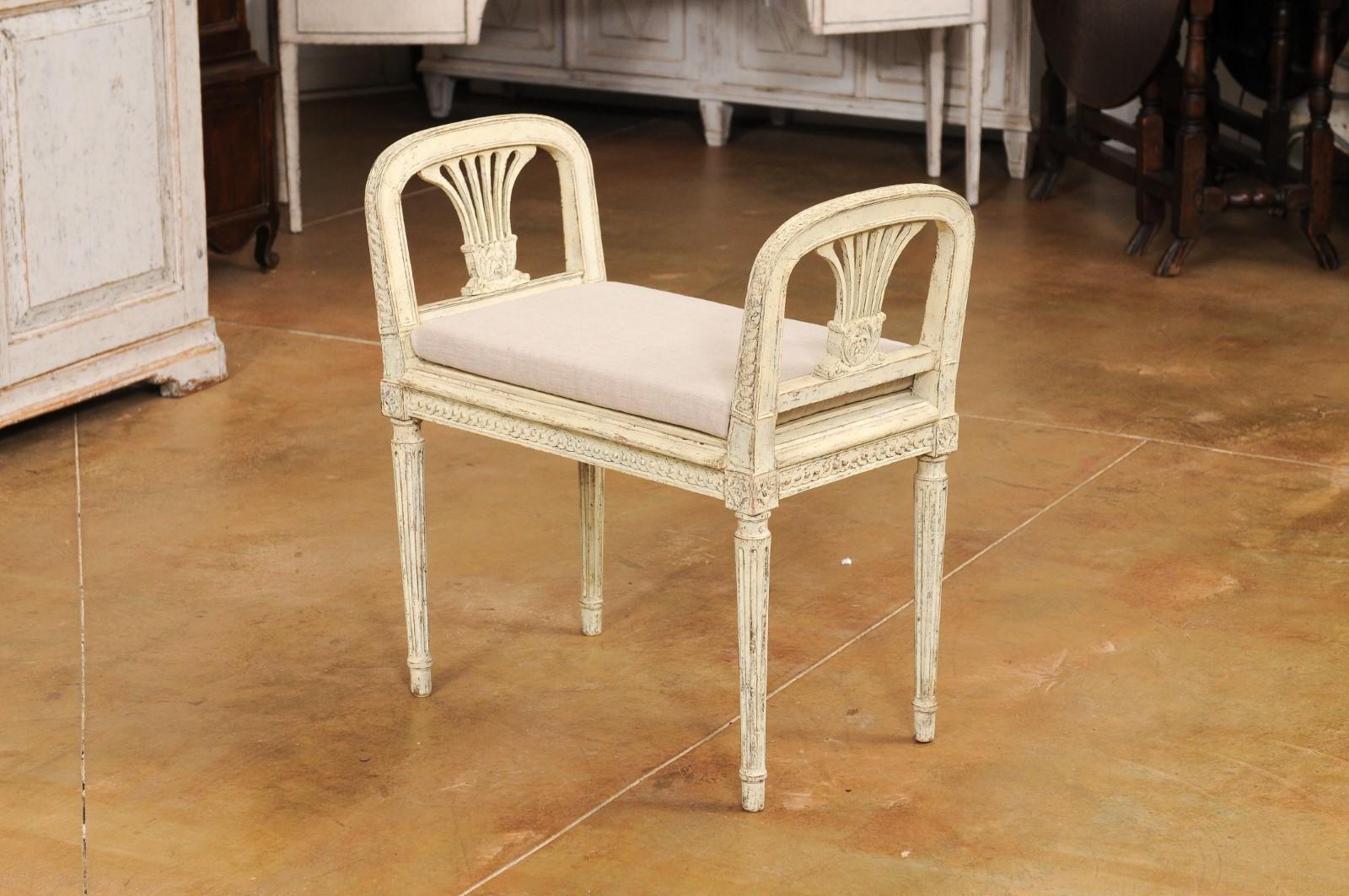 Upholstery Neoclassical Style Swedish Small Painted Bench with Carved Guilloche Décor For Sale