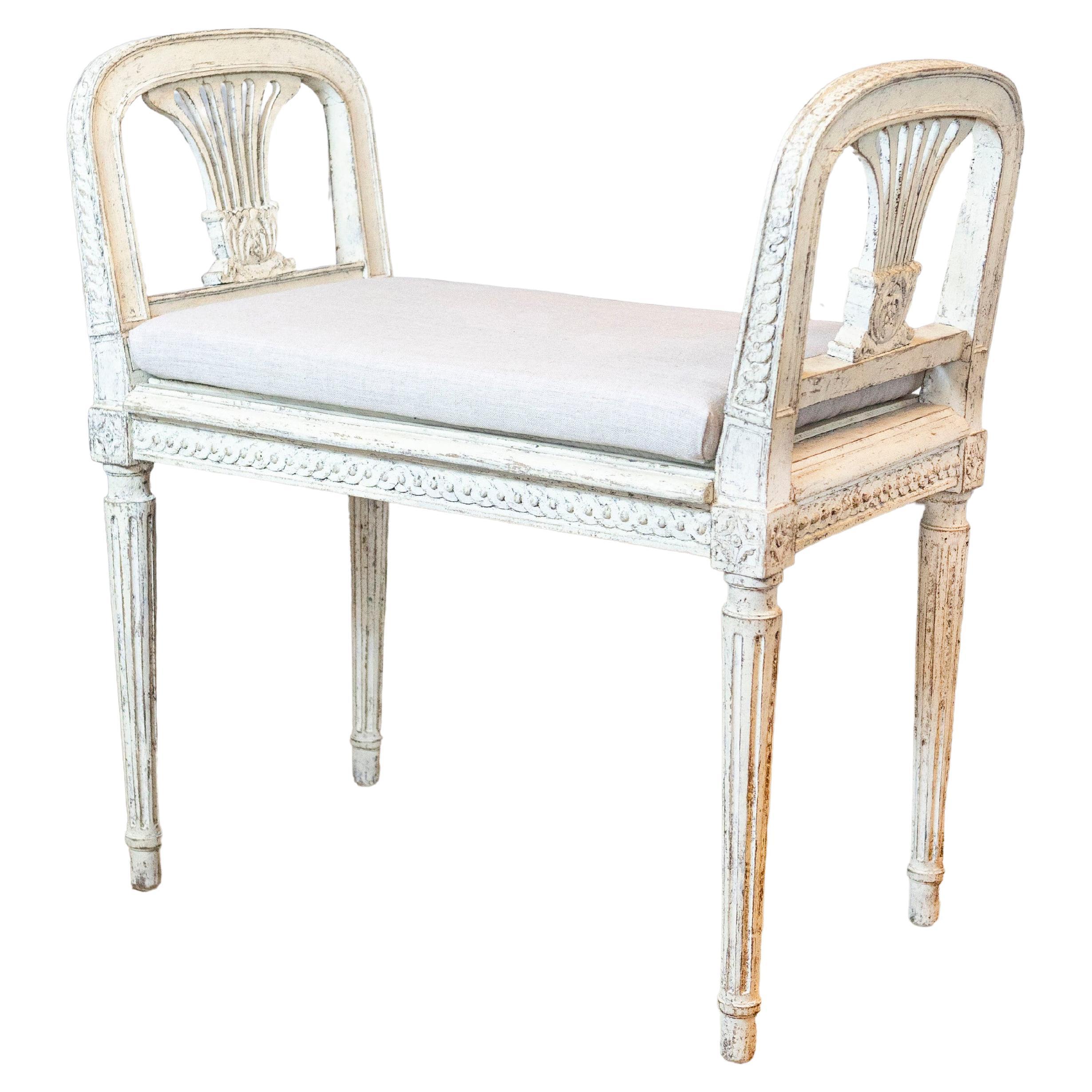Neoclassical Style Swedish Small Painted Bench with Carved Guilloche Décor