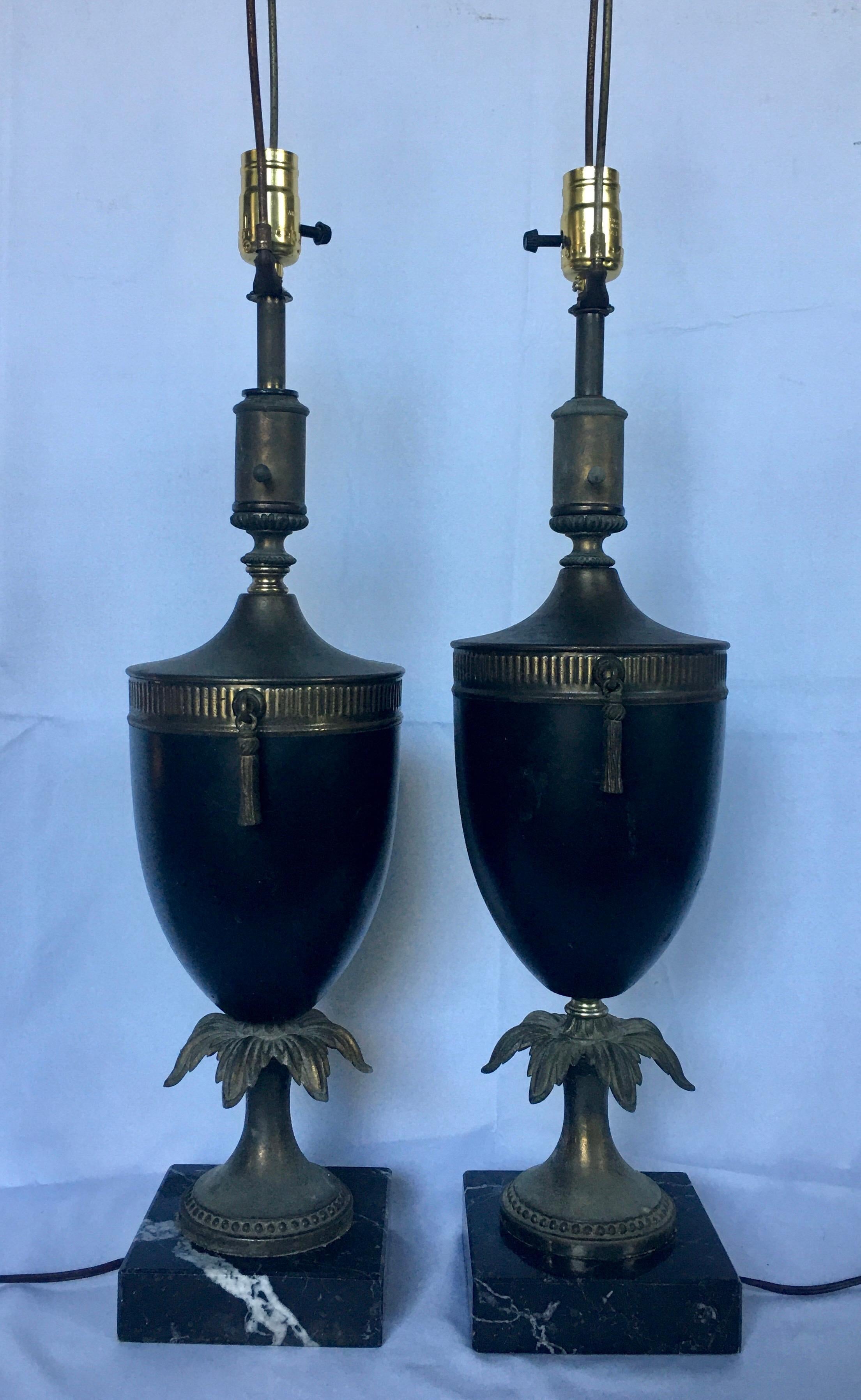 Neoclassical Style Tassel Brass and Marble Urn Table Lamps, Pair In Good Condition In Lambertville, NJ