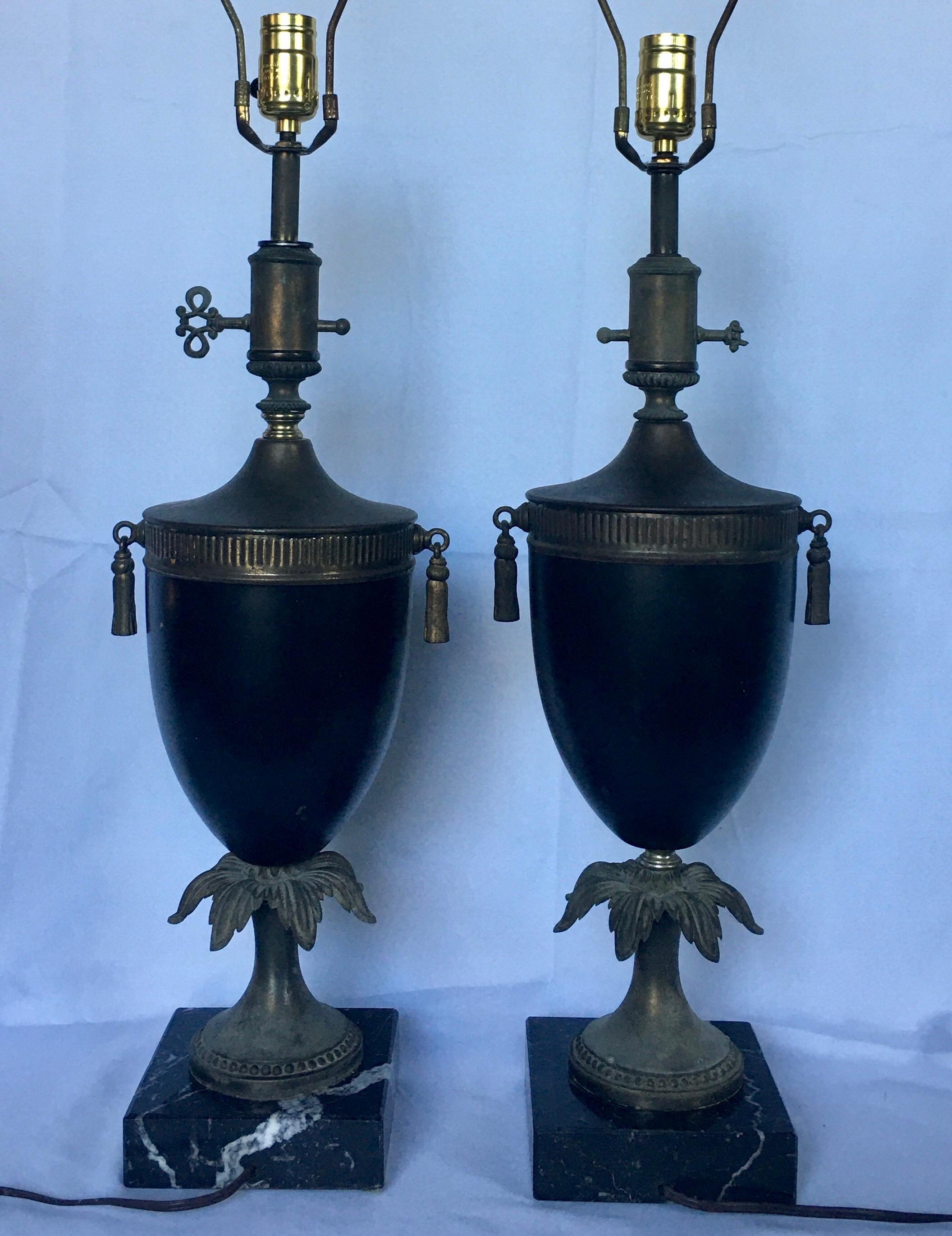 Mid-20th Century Neoclassical Style Tassel Brass and Marble Urn Table Lamps, Pair