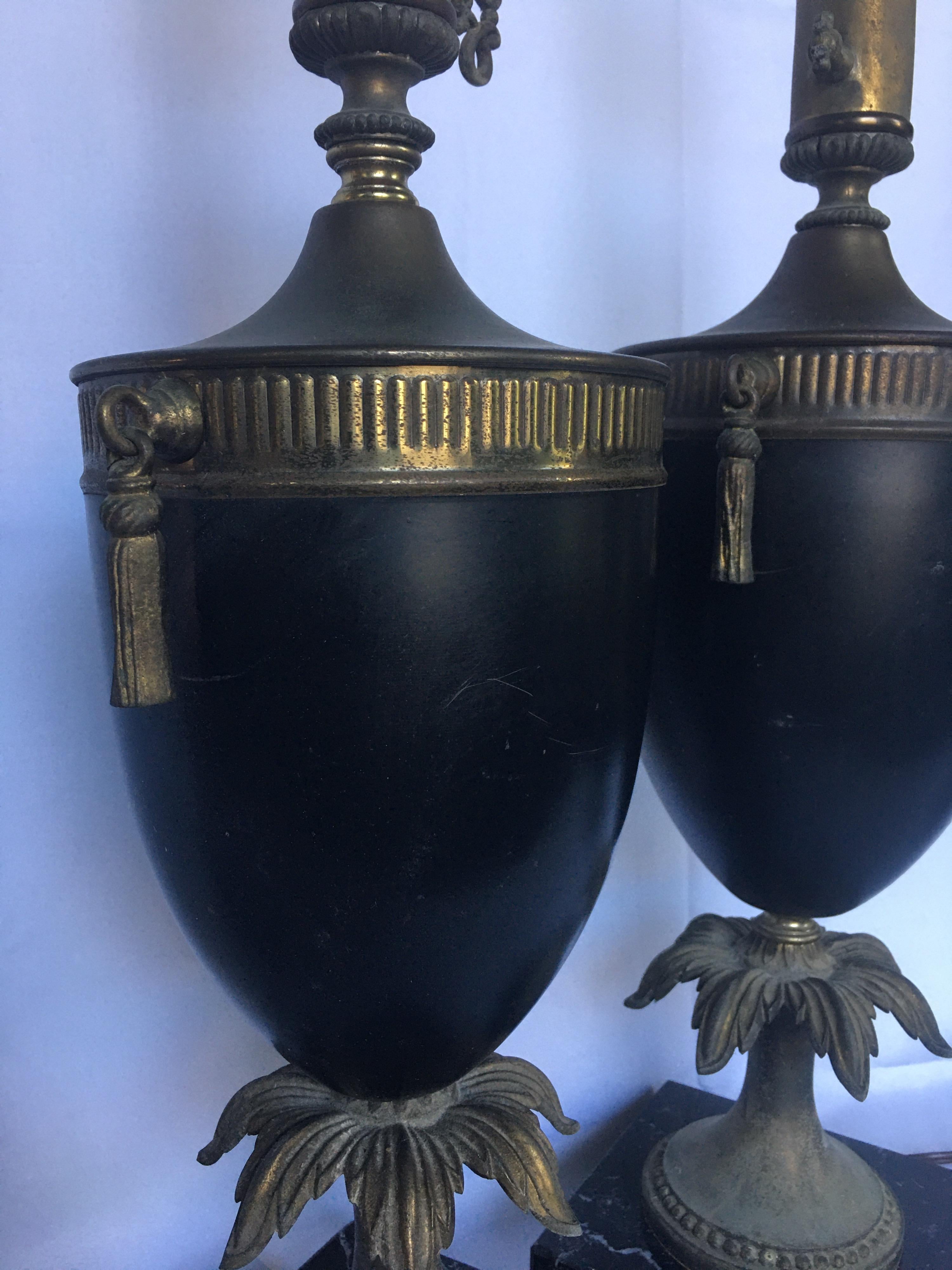 Metal Neoclassical Style Tassel Brass and Marble Urn Table Lamps, Pair