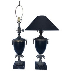 Neoclassical Style Tassel Brass and Marble Urn Table Lamps, Pair