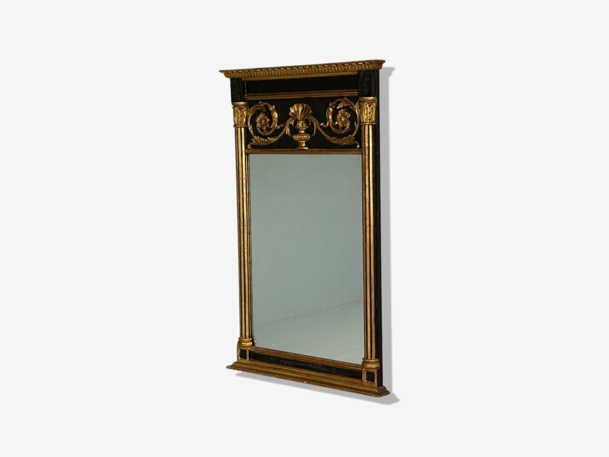 Neoclassico Specchio Trumeau in stile neoclassico, legno dipinto di nero, legno d'orato, Italia, XX sec. in vendita