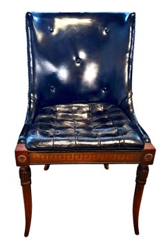 Neoclassical-style Tufted Leather Side Chair with Greek Key Trim