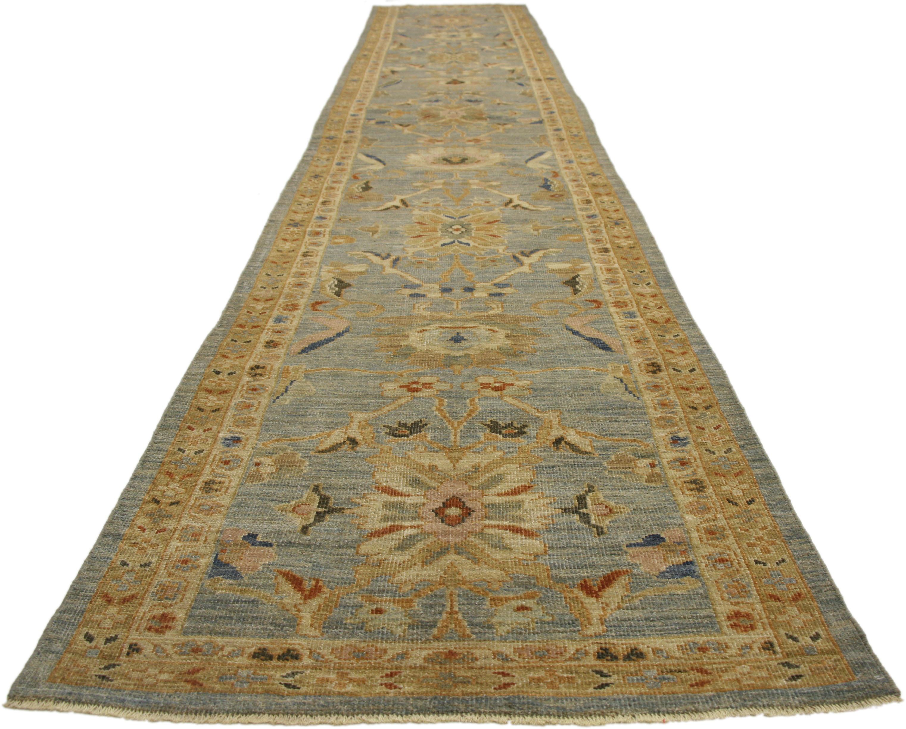 Hand-Knotted Neoclassical Style Turkish Oushak Long Runner, Extra-Long Hallway Runner