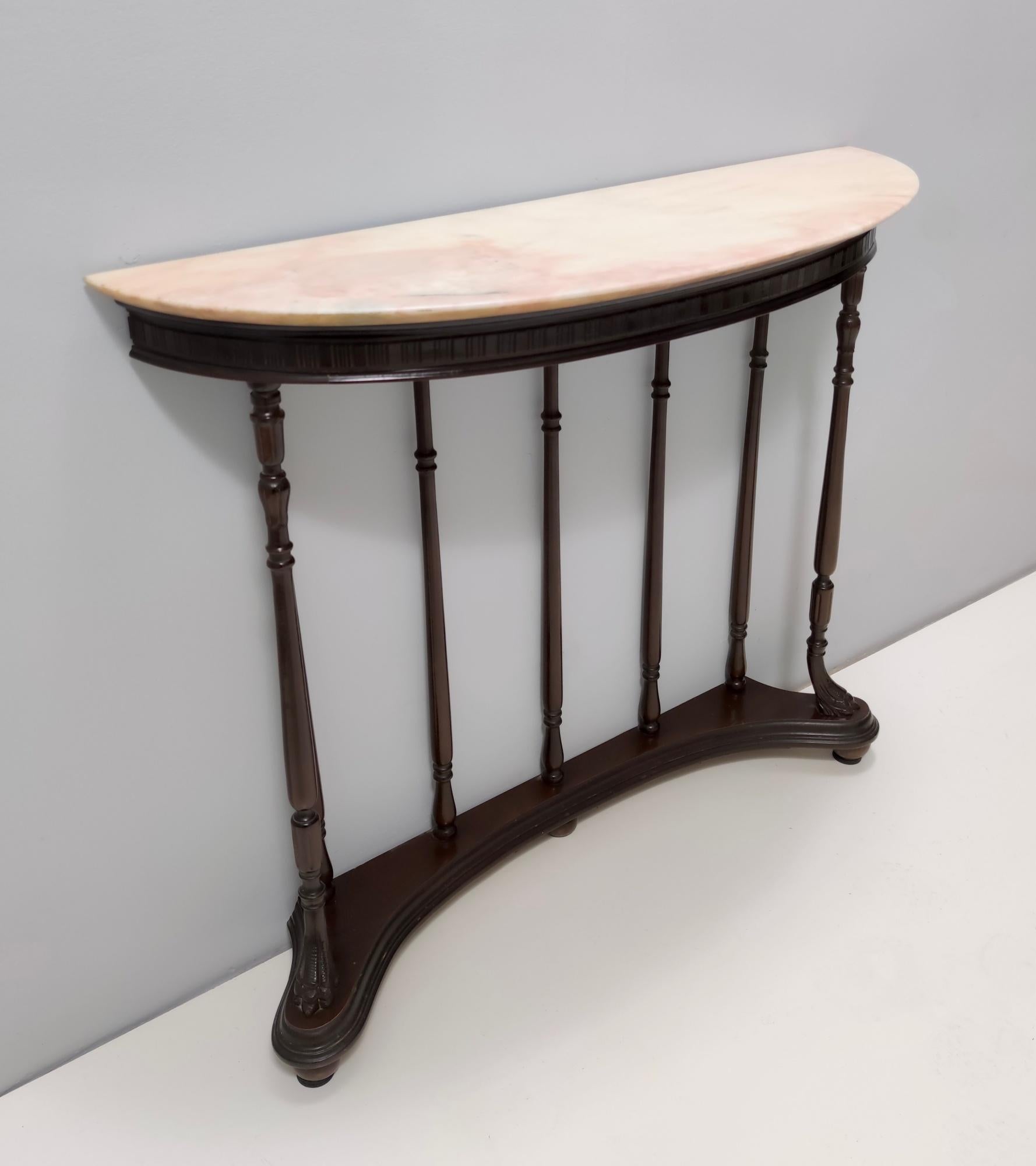 Neoclassical Style Turned Beech Console Table with a Demilune Marble Top, Italy For Sale 9