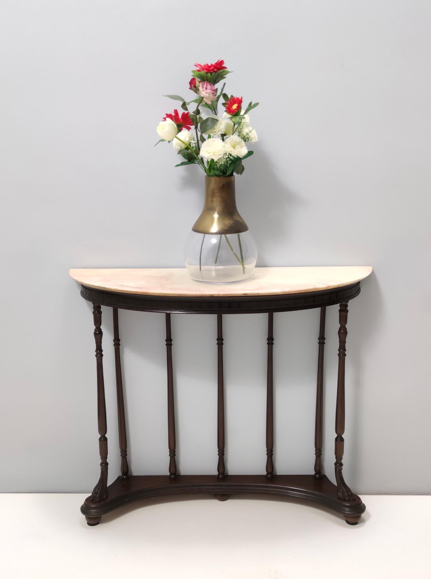 Mid-Century Modern Neoclassical Style Turned Beech Console Table with a Demilune Marble Top, Italy For Sale
