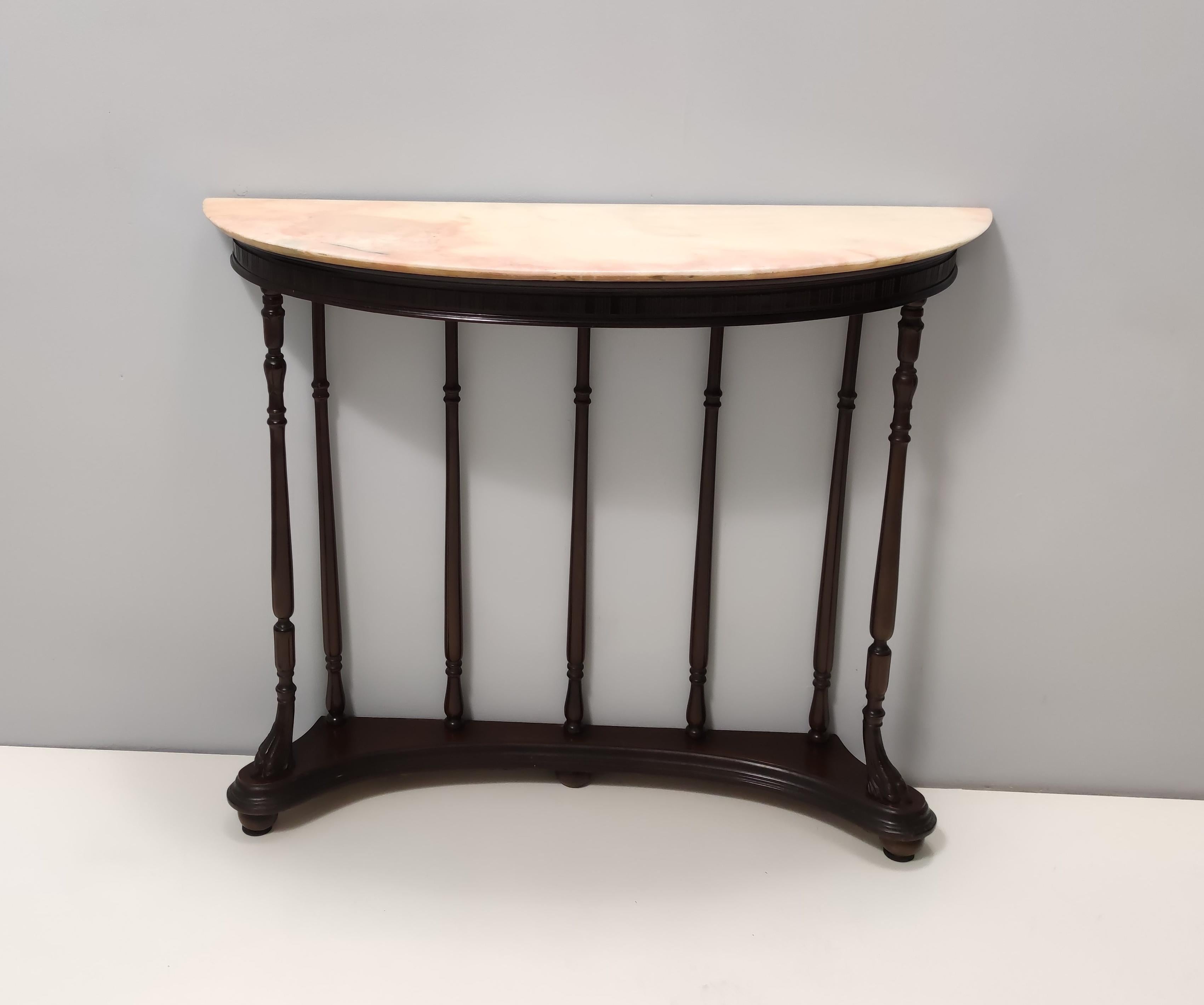 Mid-20th Century Neoclassical Style Turned Beech Console Table with a Demilune Marble Top, Italy For Sale