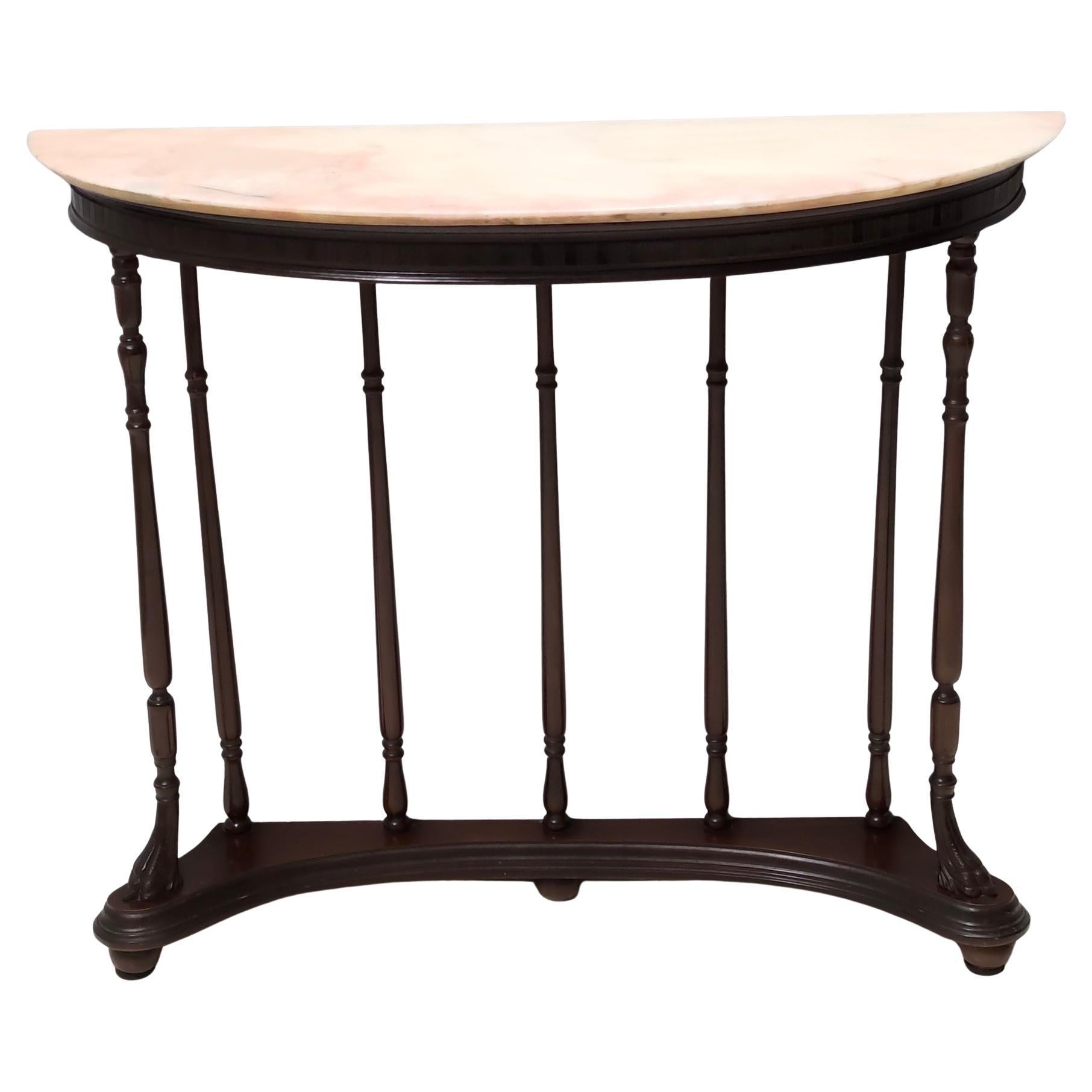 Neoclassical Style Turned Beech Console Table with a Demilune Marble Top, Italy For Sale