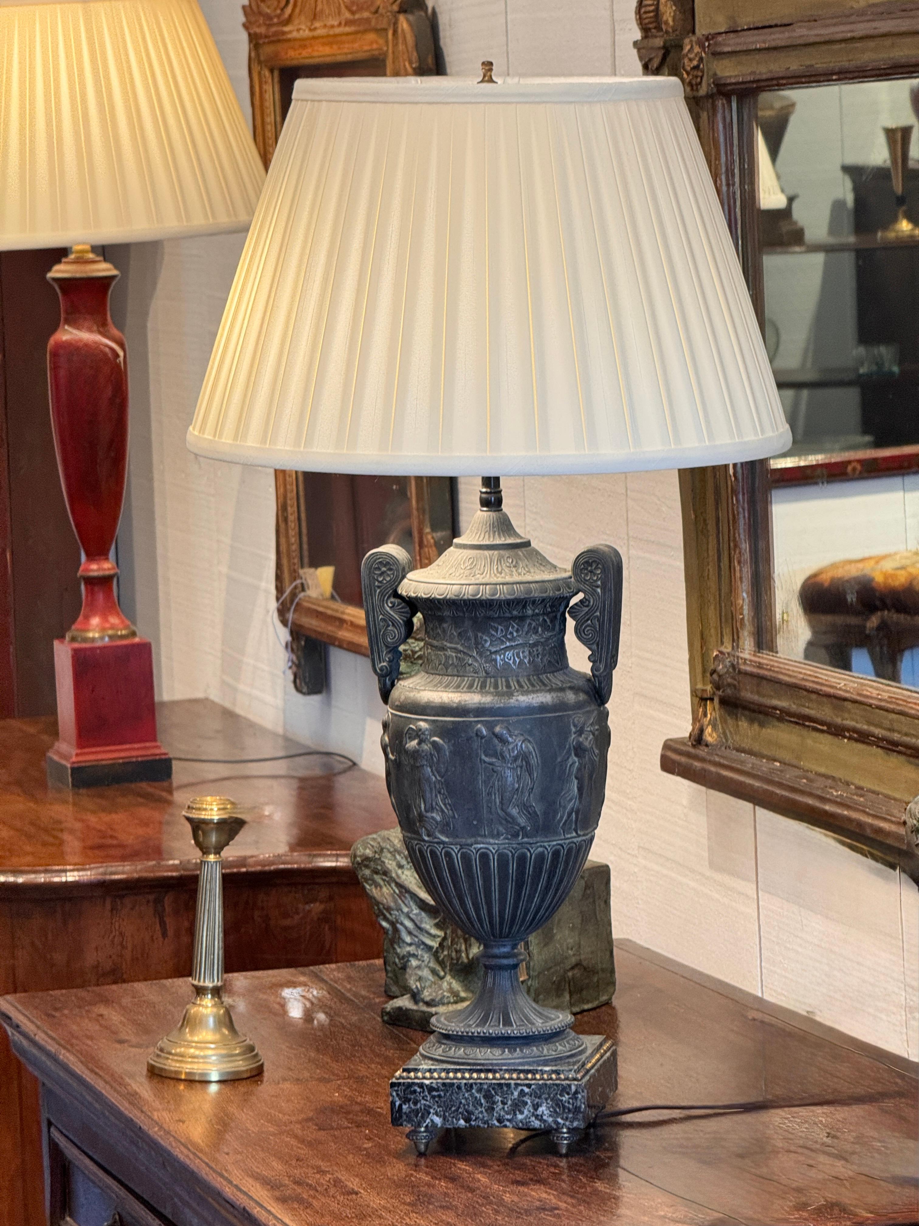 French Neoclassical Style Urn Form Lamp With Figural Relief For Sale