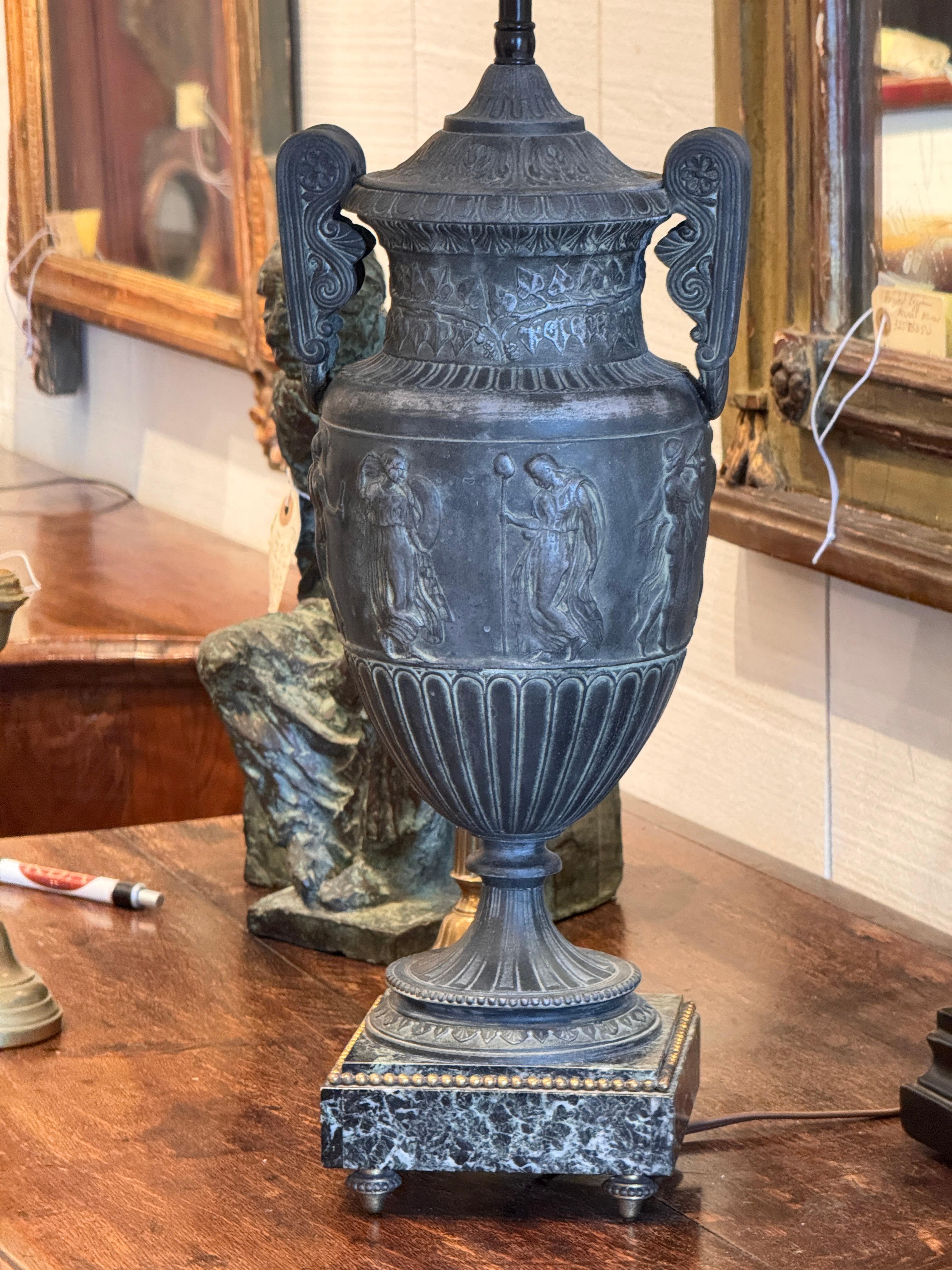 Neoclassical Style Urn Form Lamp With Figural Relief In Good Condition For Sale In Charlottesville, VA