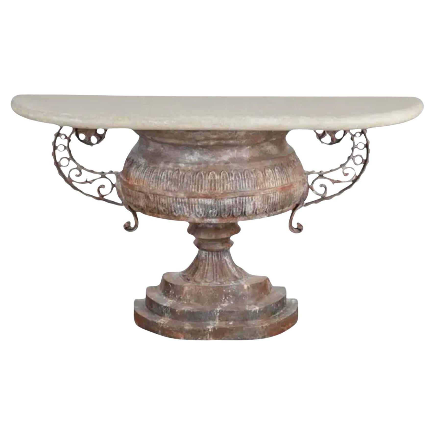 Niermann Weeks Neoclassical Urn Form Travertine Marble Console Table For Sale