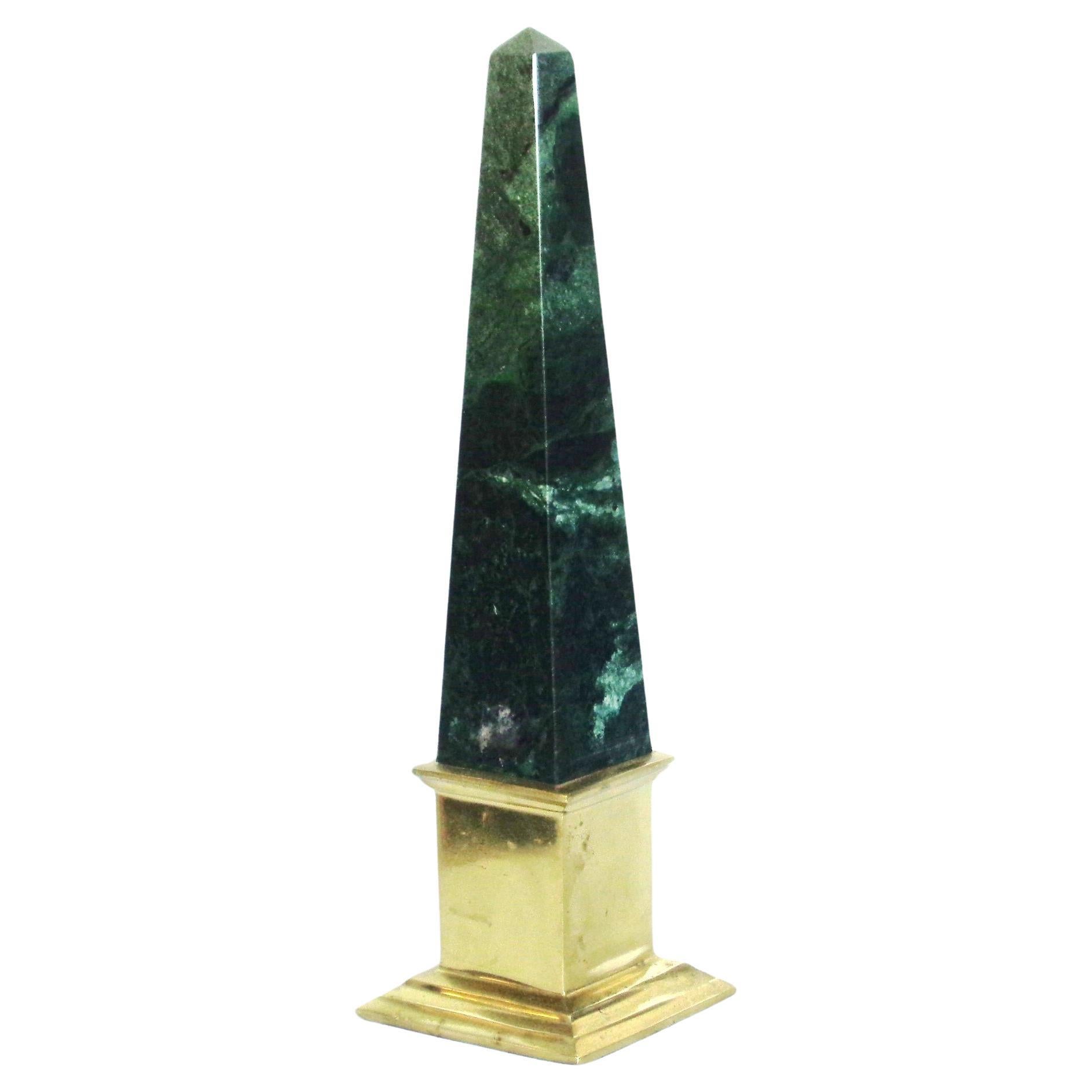 Neoclassical Style Green Marble and Brass Obelisk, Circa 1980 For Sale