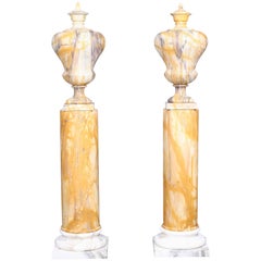 Neoclassical Style Vintage Grand Pair of Marble Urns on Column Plinths