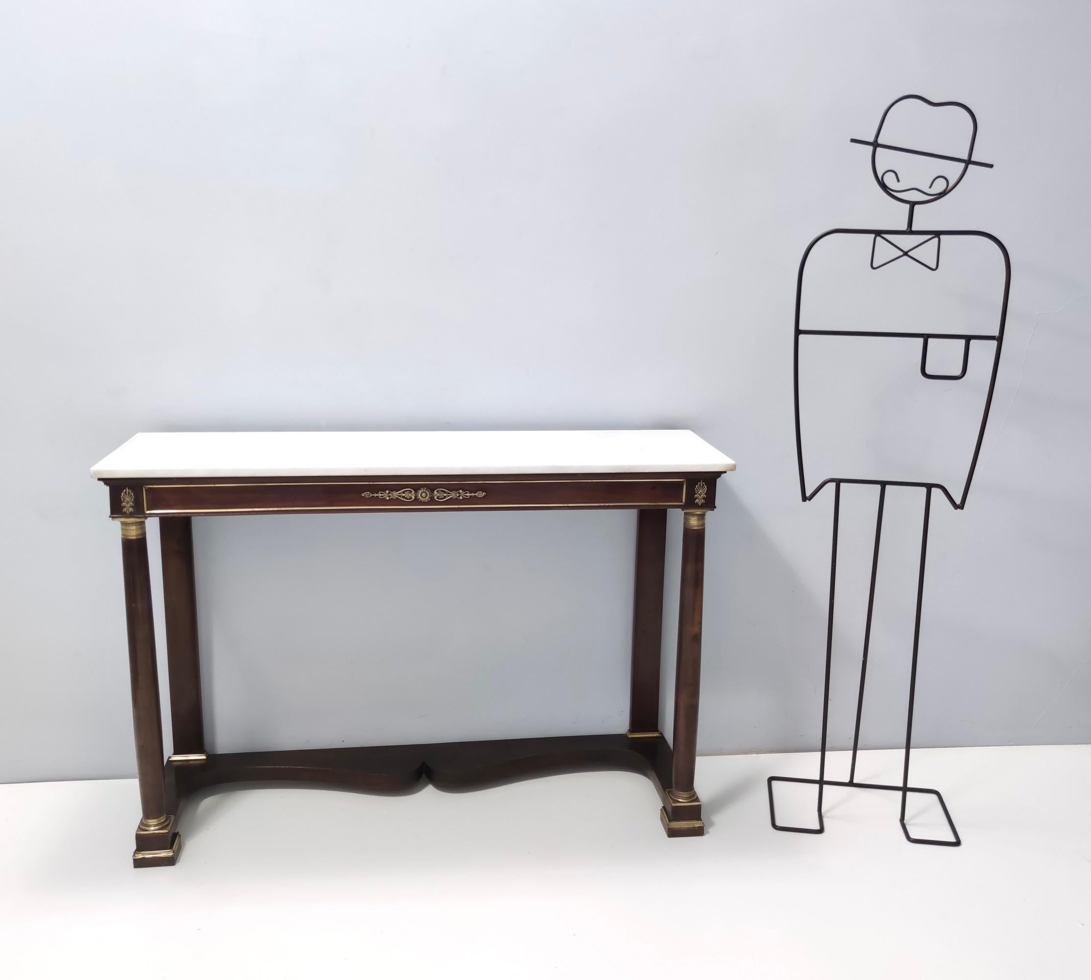 Brass Neoclassical Style Walnut Console with a Rectangular Carrara Marble Top, Italy
