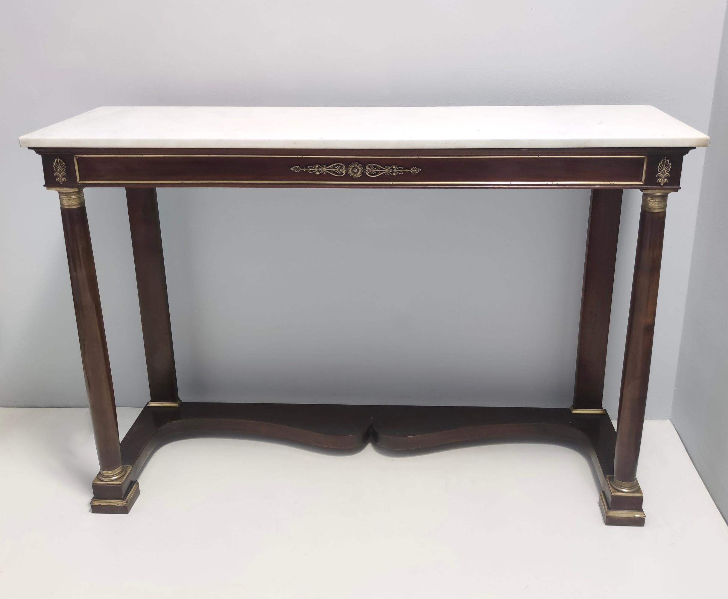 Neoclassical Style Walnut Console with a Rectangular Carrara Marble Top, Italy 1
