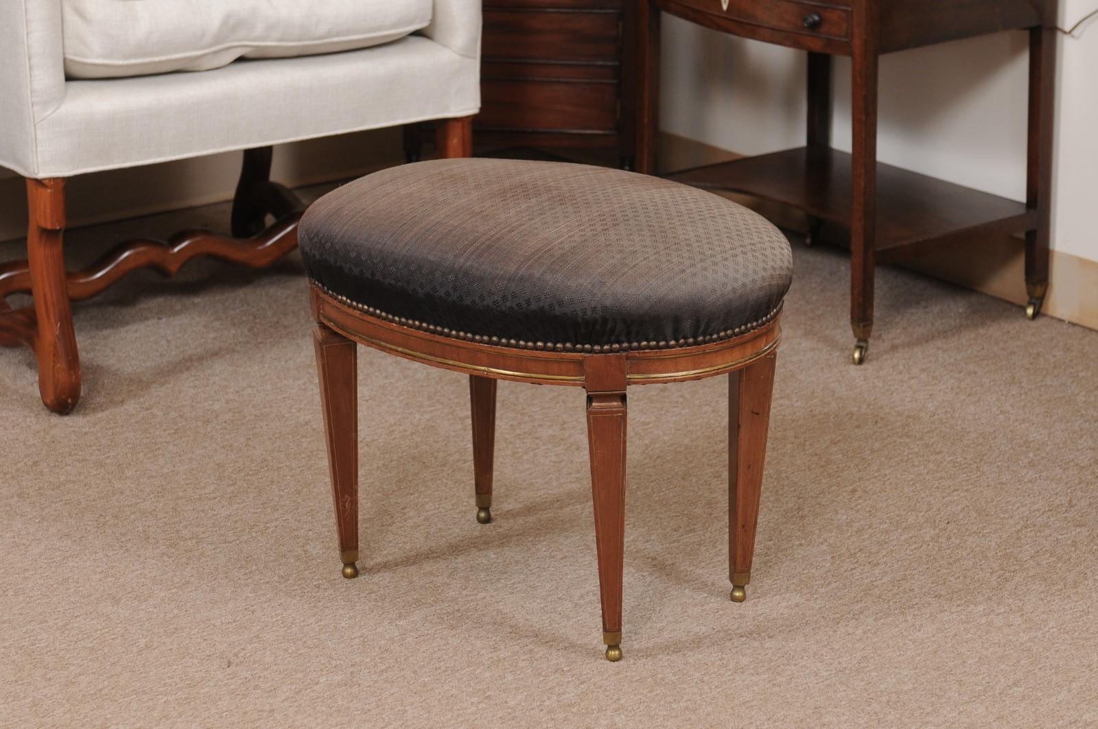 Neoclassical Style Walnut Stool with Brass Inlay & Oval Upholstered Seat For Sale 4