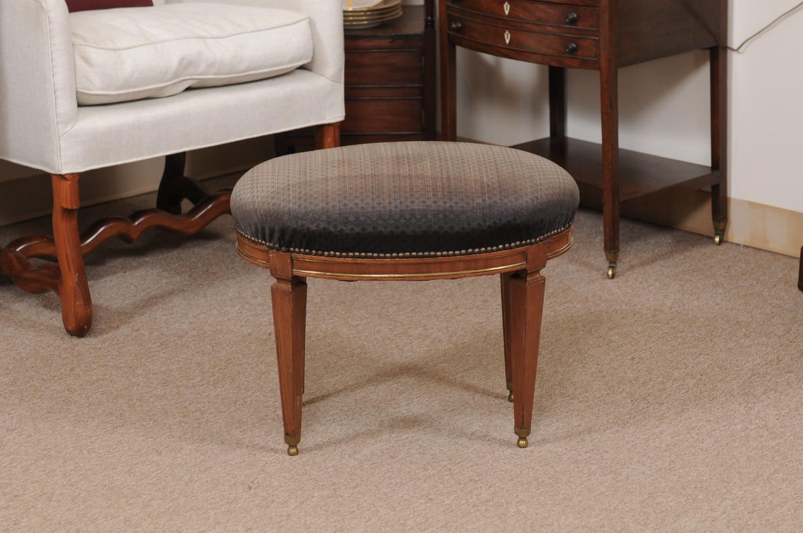 Neoclassical Style Walnut Stool with Brass Inlay & Oval Upholstered Seat For Sale 5