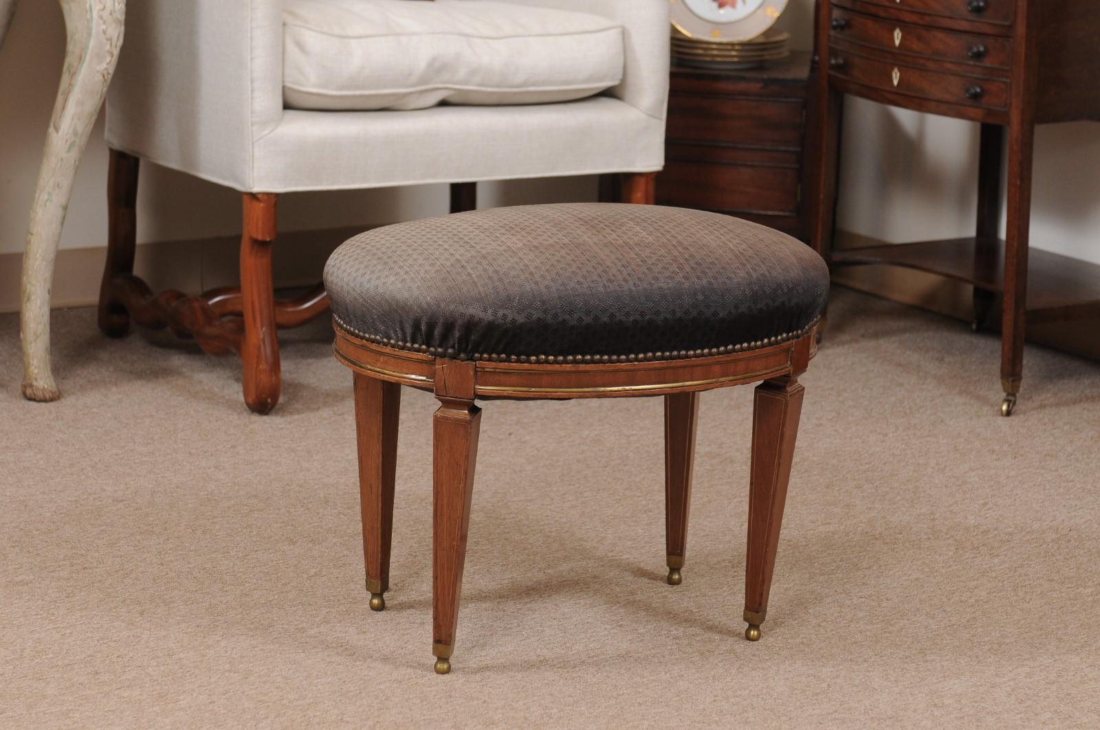 Neoclassical Style Walnut Stool with Brass Inlay & Oval Upholstered Seat, Early 20th Century