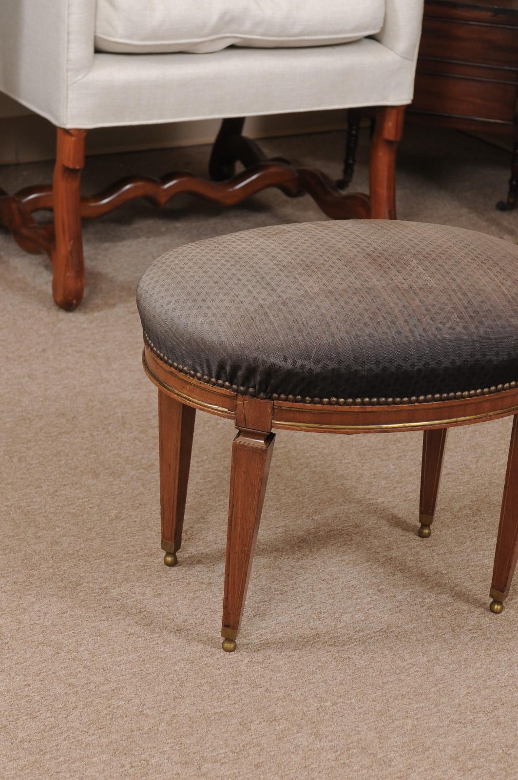European Neoclassical Style Walnut Stool with Brass Inlay & Oval Upholstered Seat For Sale