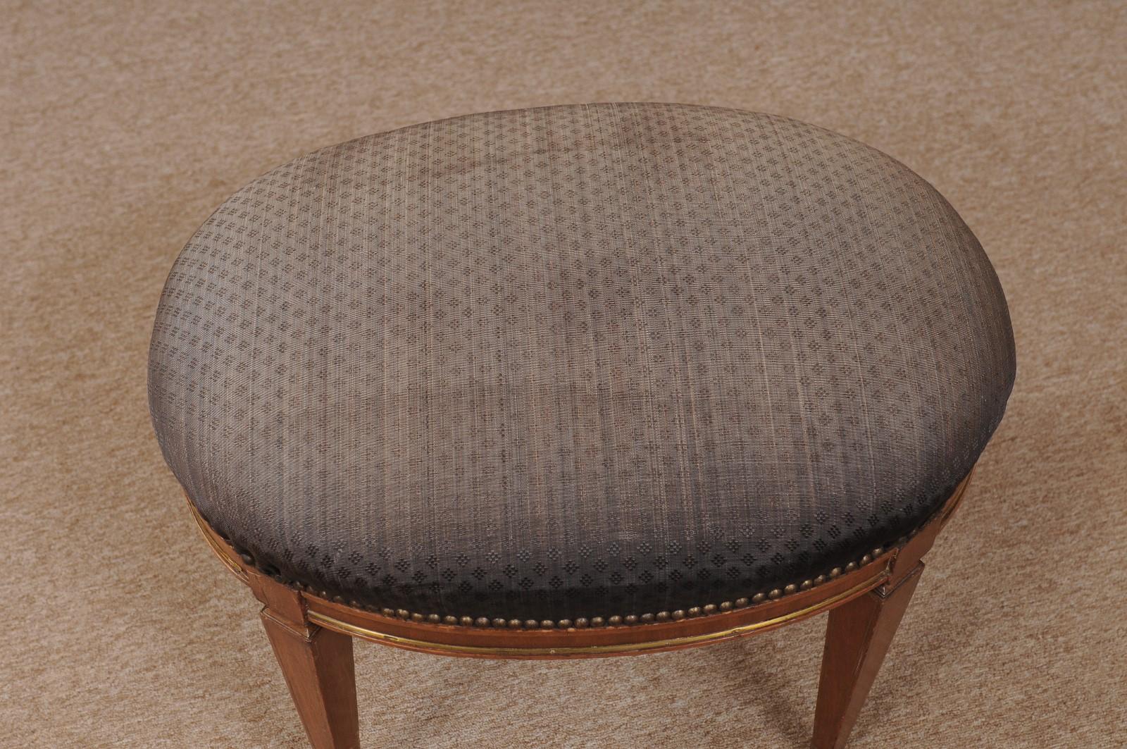 Neoclassical Style Walnut Stool with Brass Inlay & Oval Upholstered Seat In Good Condition For Sale In Atlanta, GA