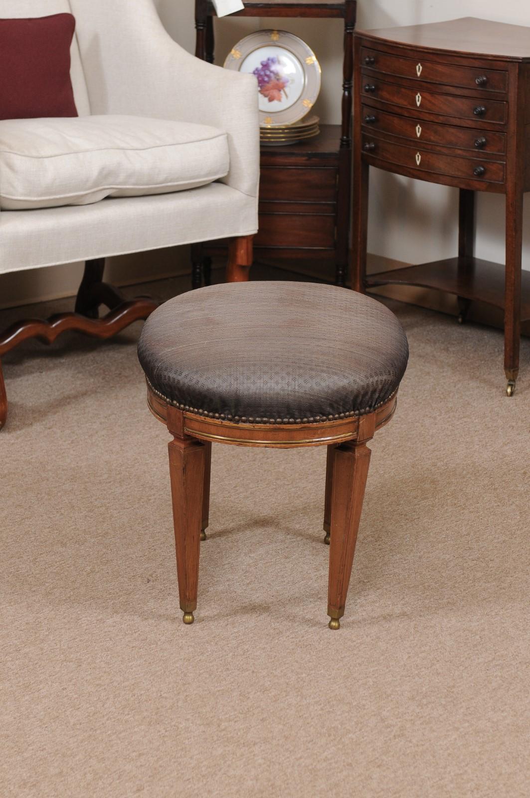 20th Century Neoclassical Style Walnut Stool with Brass Inlay & Oval Upholstered Seat For Sale