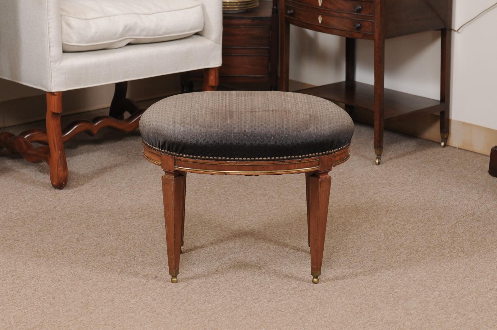 Neoclassical Style Walnut Stool with Brass Inlay & Oval Upholstered Seat For Sale 1