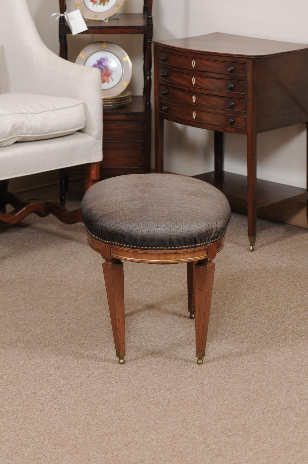 Neoclassical Style Walnut Stool with Brass Inlay & Oval Upholstered Seat For Sale 2