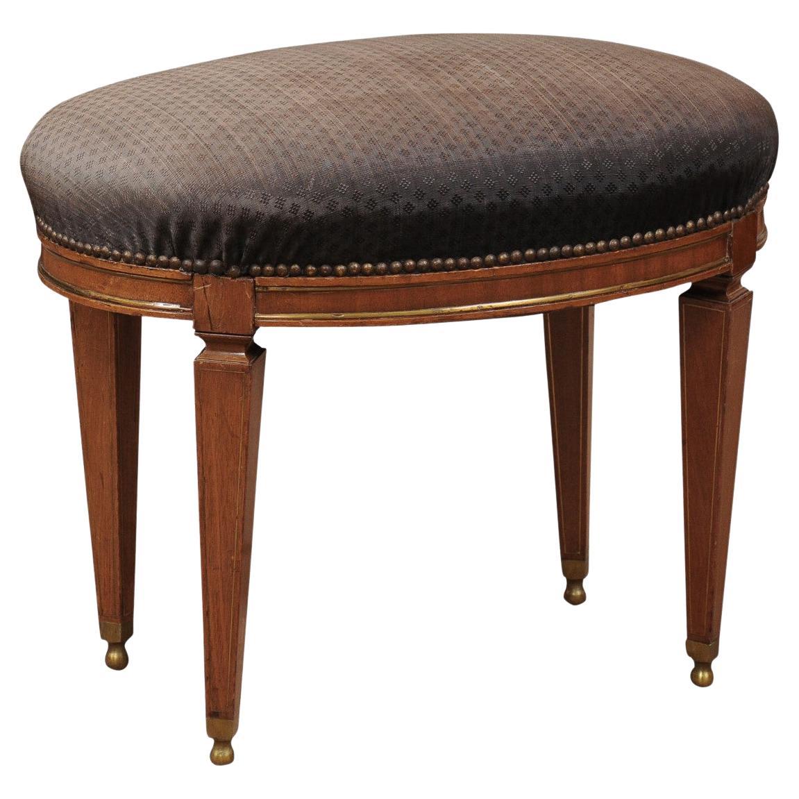 Neoclassical Style Walnut Stool with Brass Inlay & Oval Upholstered Seat For Sale