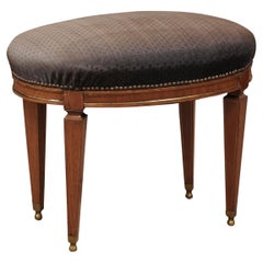 Neoclassical Style Walnut Stool with Brass Inlay & Oval Upholstered Seat