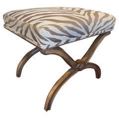 Neoclassical Style Walnut X-Form Bench Upholstered in Woven Silk
