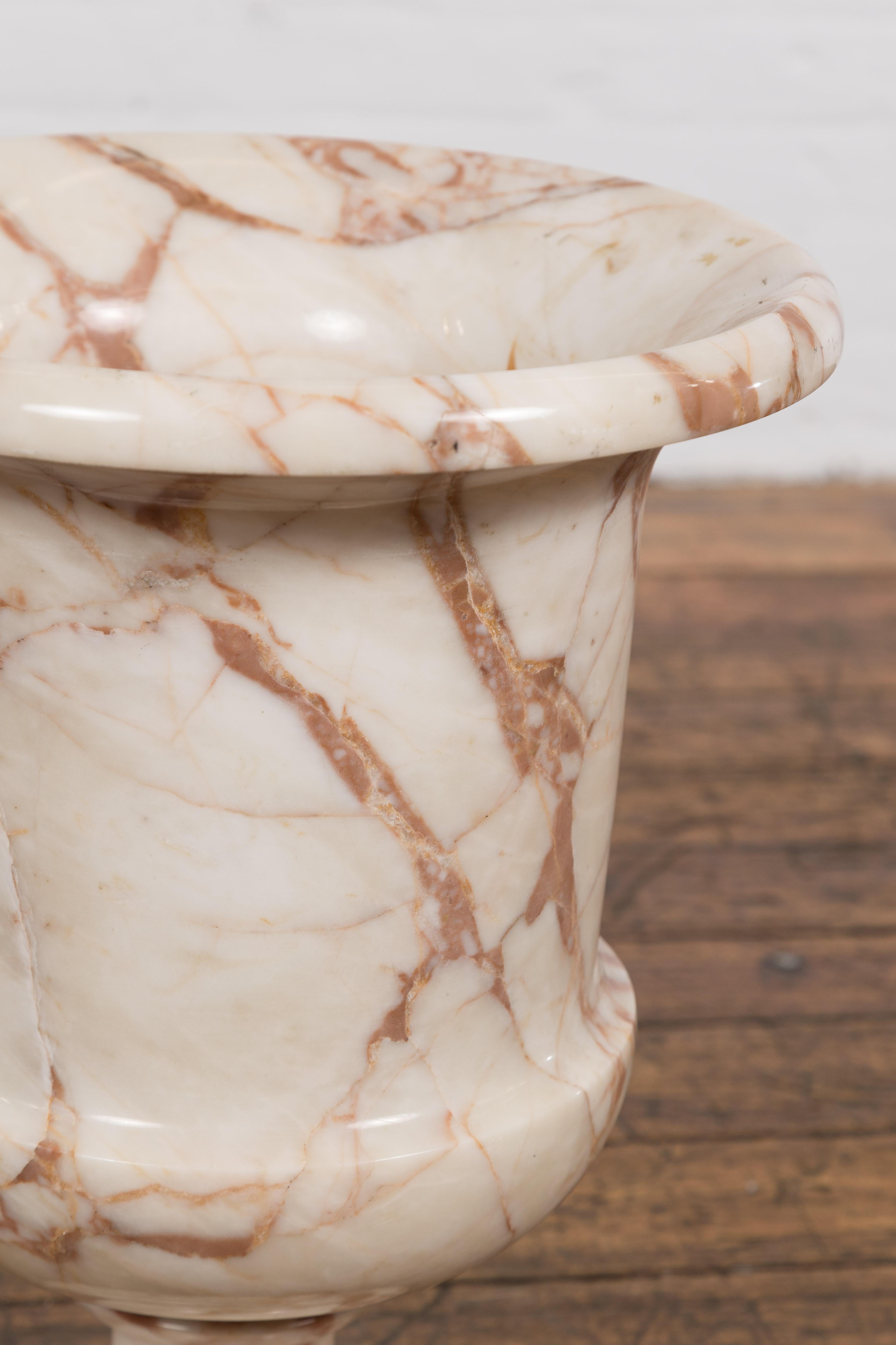 Neoclassical Style White and Red Veined Marble Planter with Stepped Round Base For Sale 6