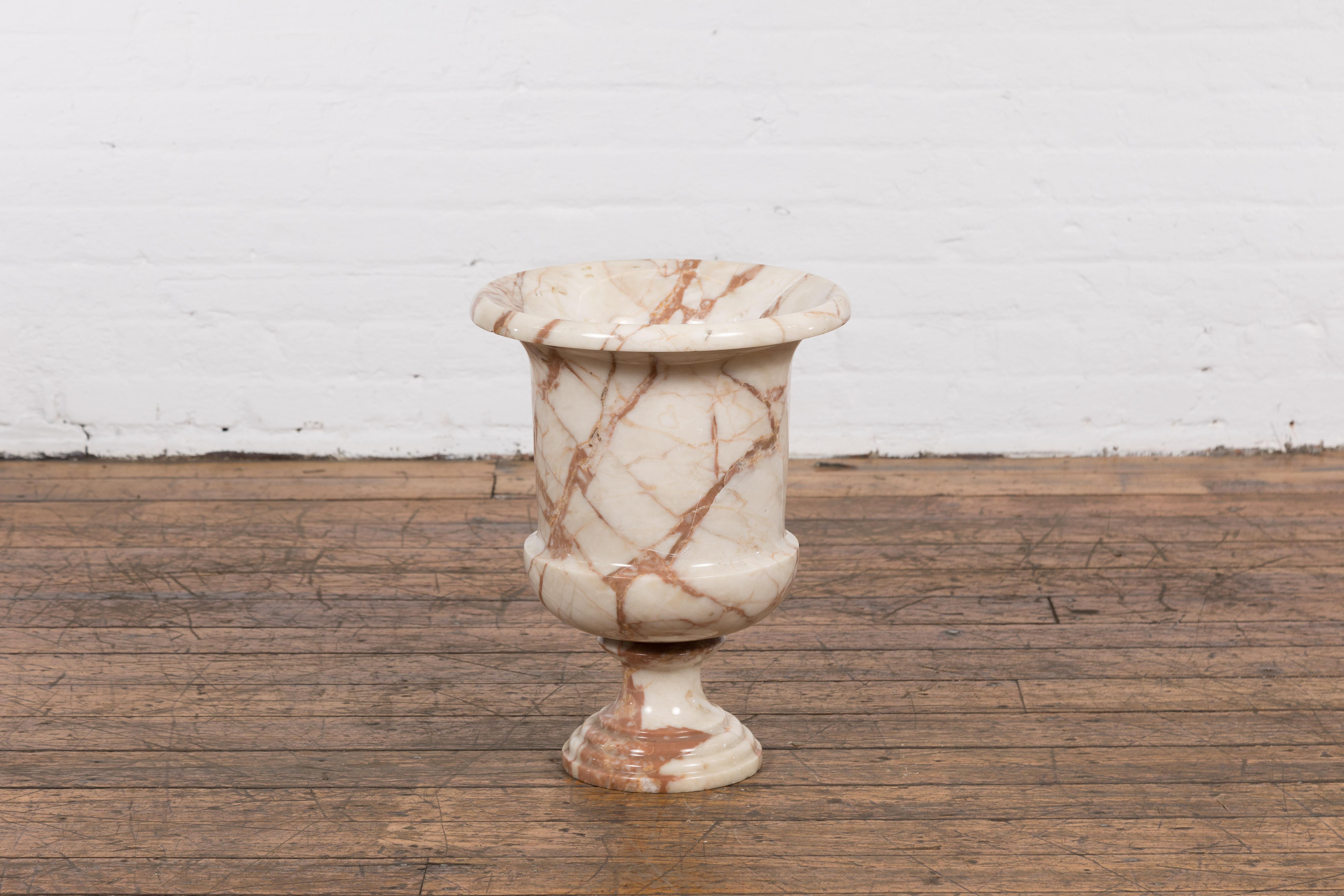 Neoclassical Style White and Red Veined Marble Planter with Stepped Round Base For Sale 7