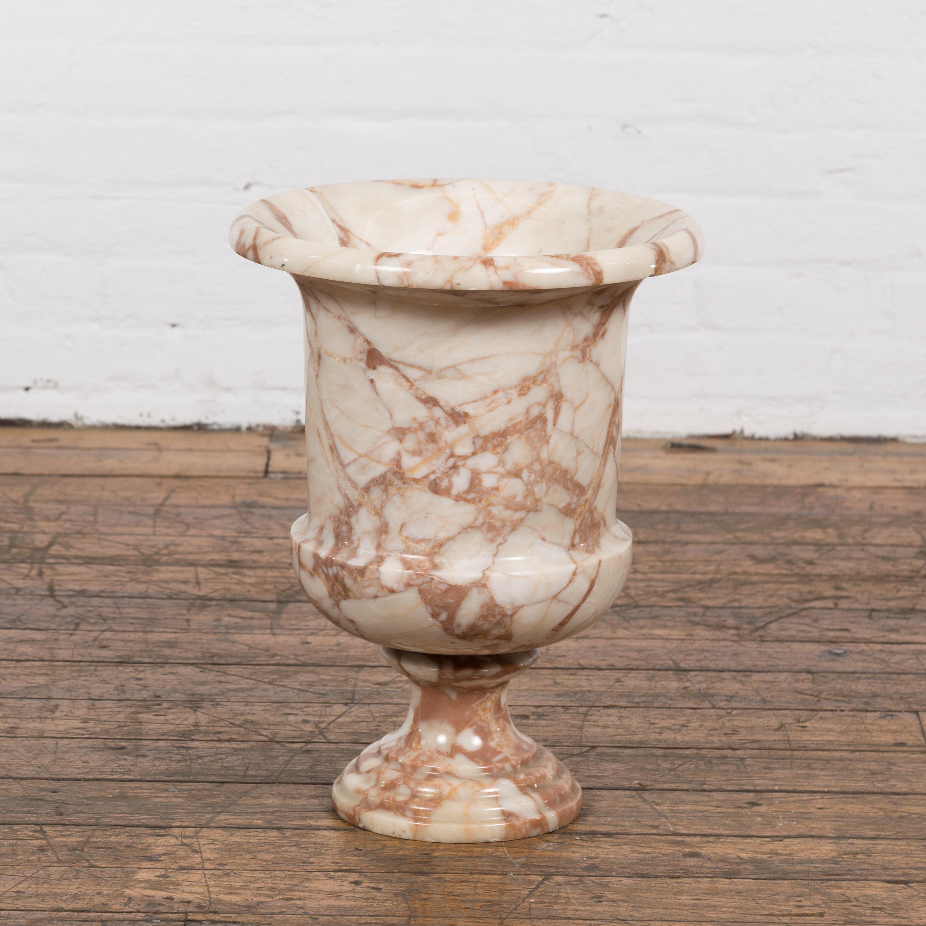 Neoclassical Style White and Red Veined Marble Planter with Stepped Round Base 8