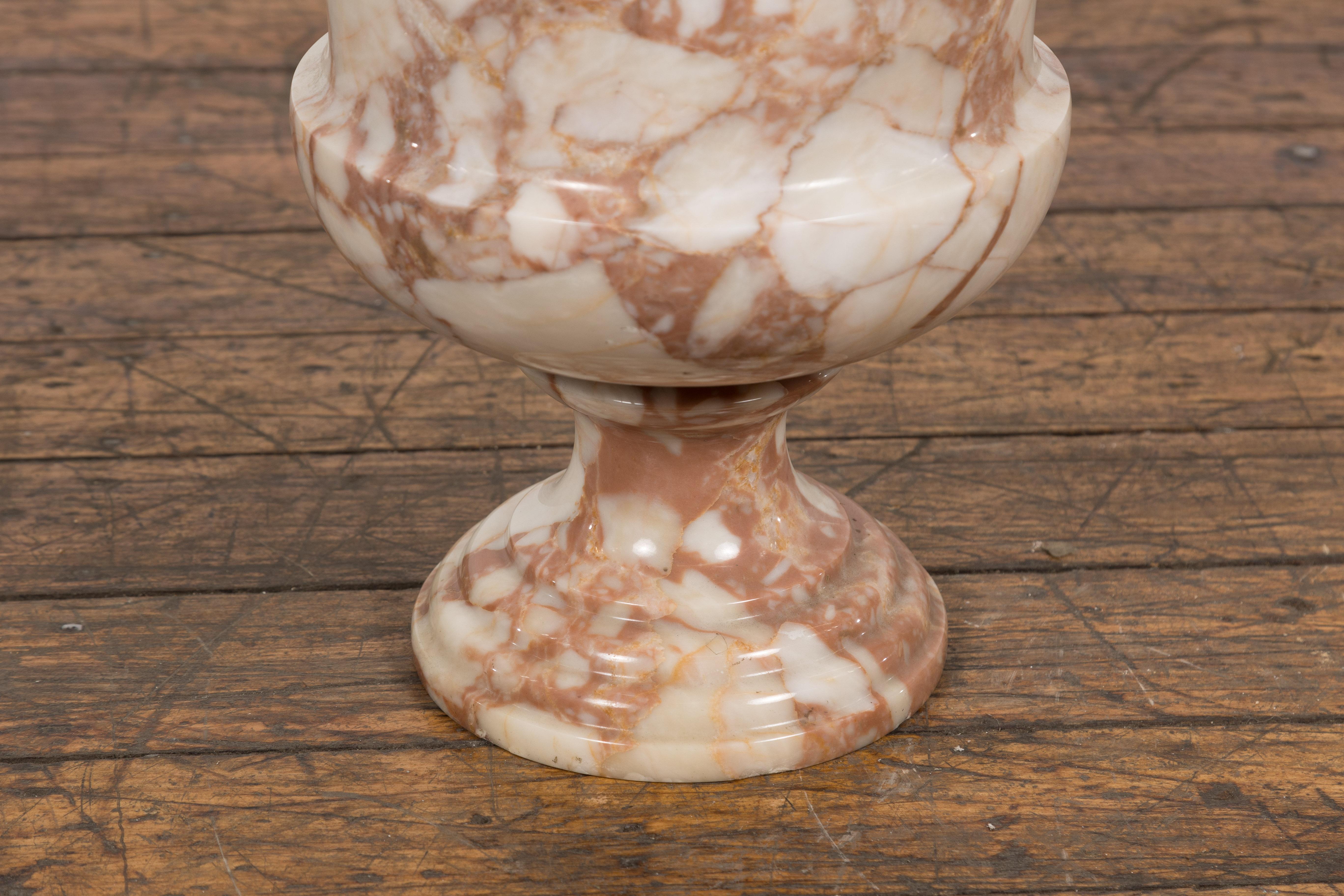Neoclassical Style White and Red Veined Marble Planter with Stepped Round Base For Sale 9