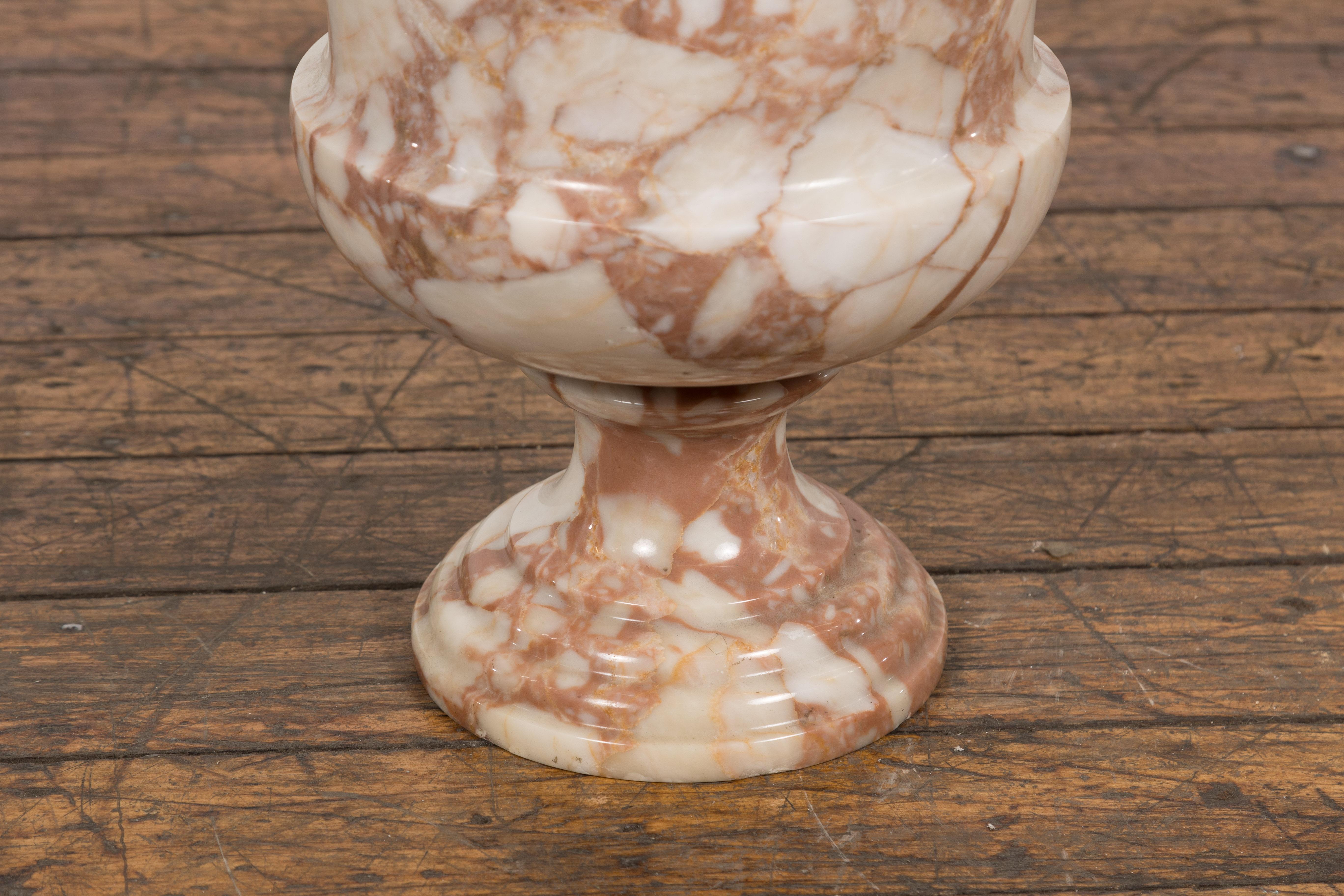 Neoclassical Style White and Red Veined Marble Planter with Stepped Round Base 9