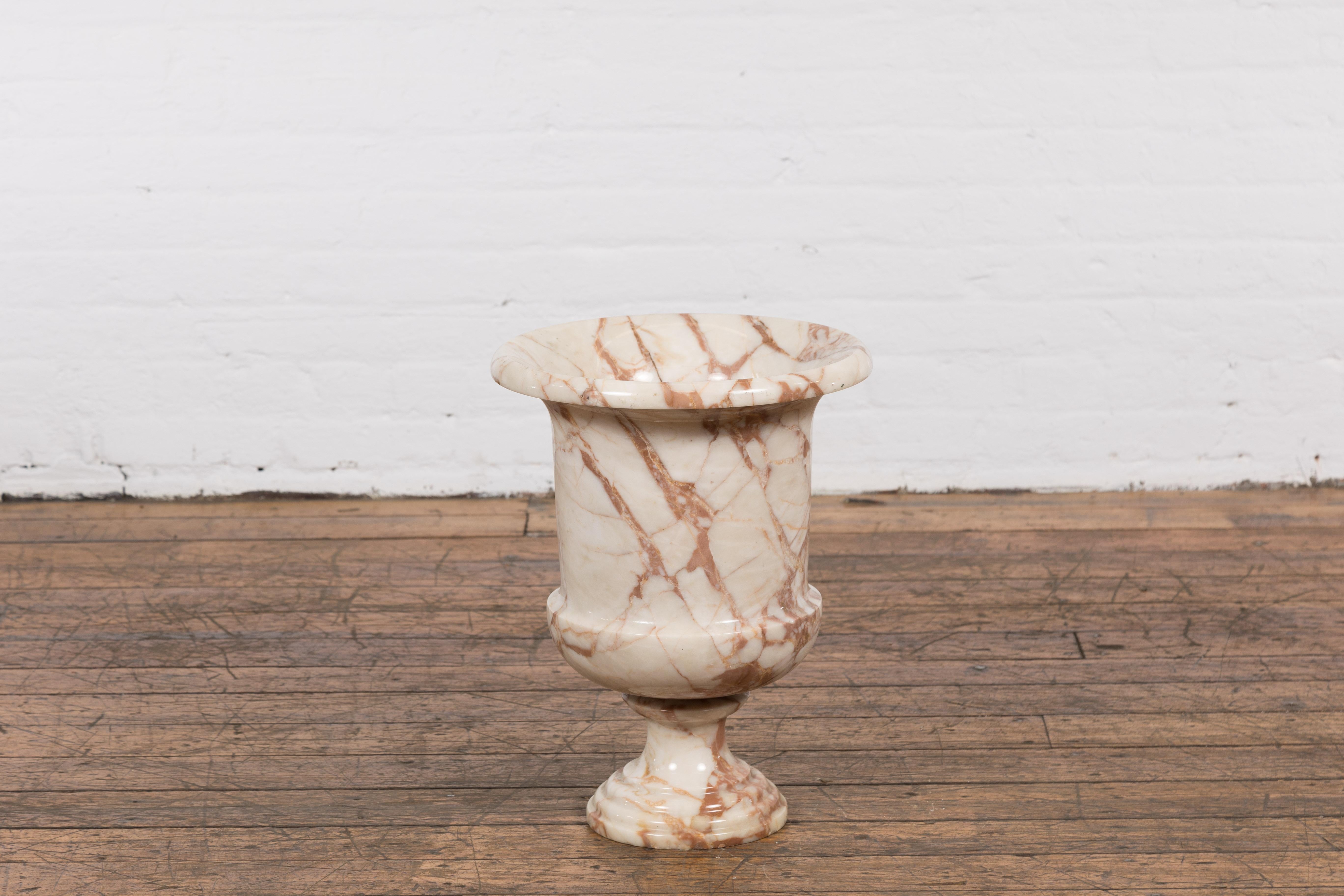 Neoclassical Style White and Red Veined Marble Planter with Stepped Round Base For Sale 10