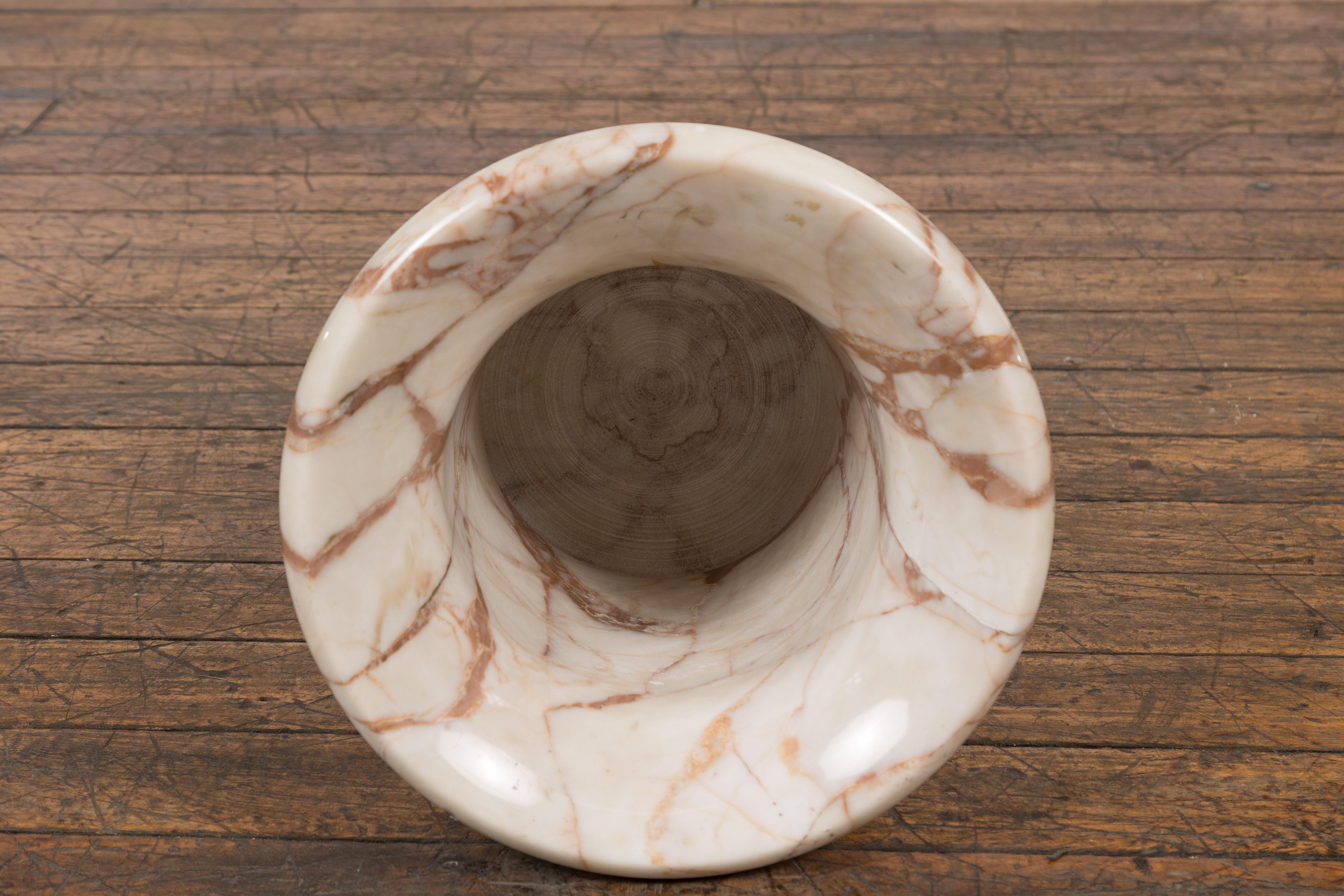 Neoclassical Style White and Red Veined Marble Planter with Stepped Round Base For Sale 11
